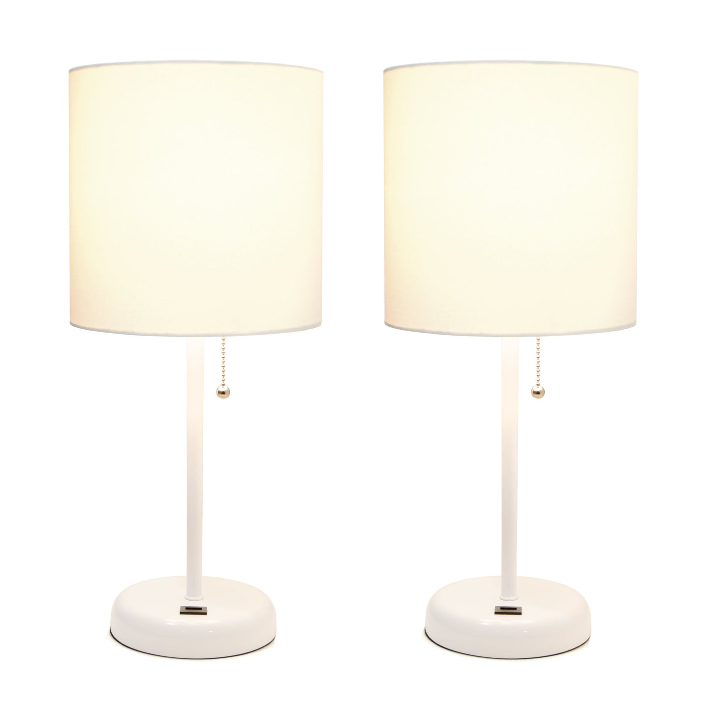 All The Rages LimeLights 2-Piece White Stick Lamps With USB Charging Port & White Fabric Shades