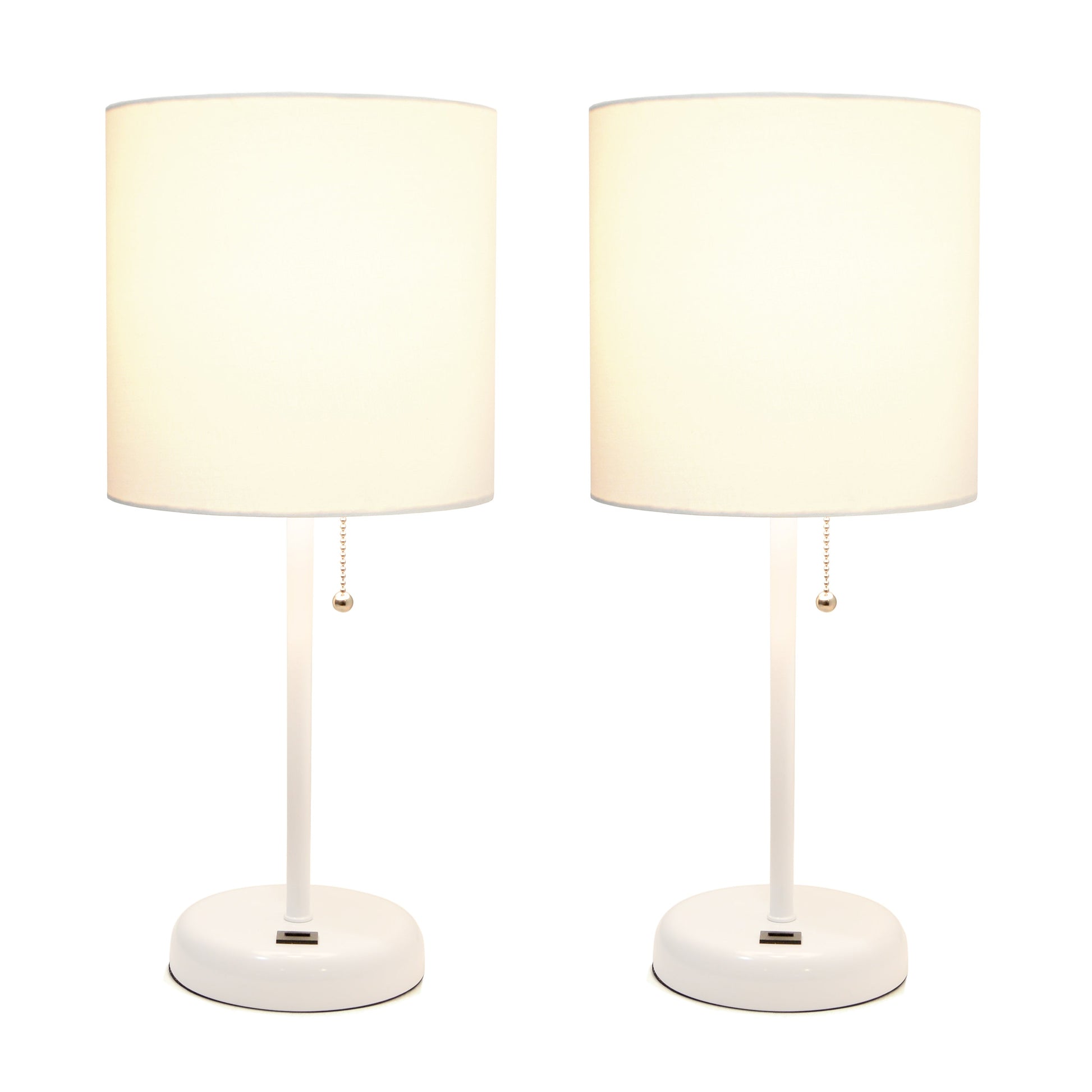 All The Rages LimeLights 2-Piece White Stick Lamps With USB Charging Port & White Fabric Shades