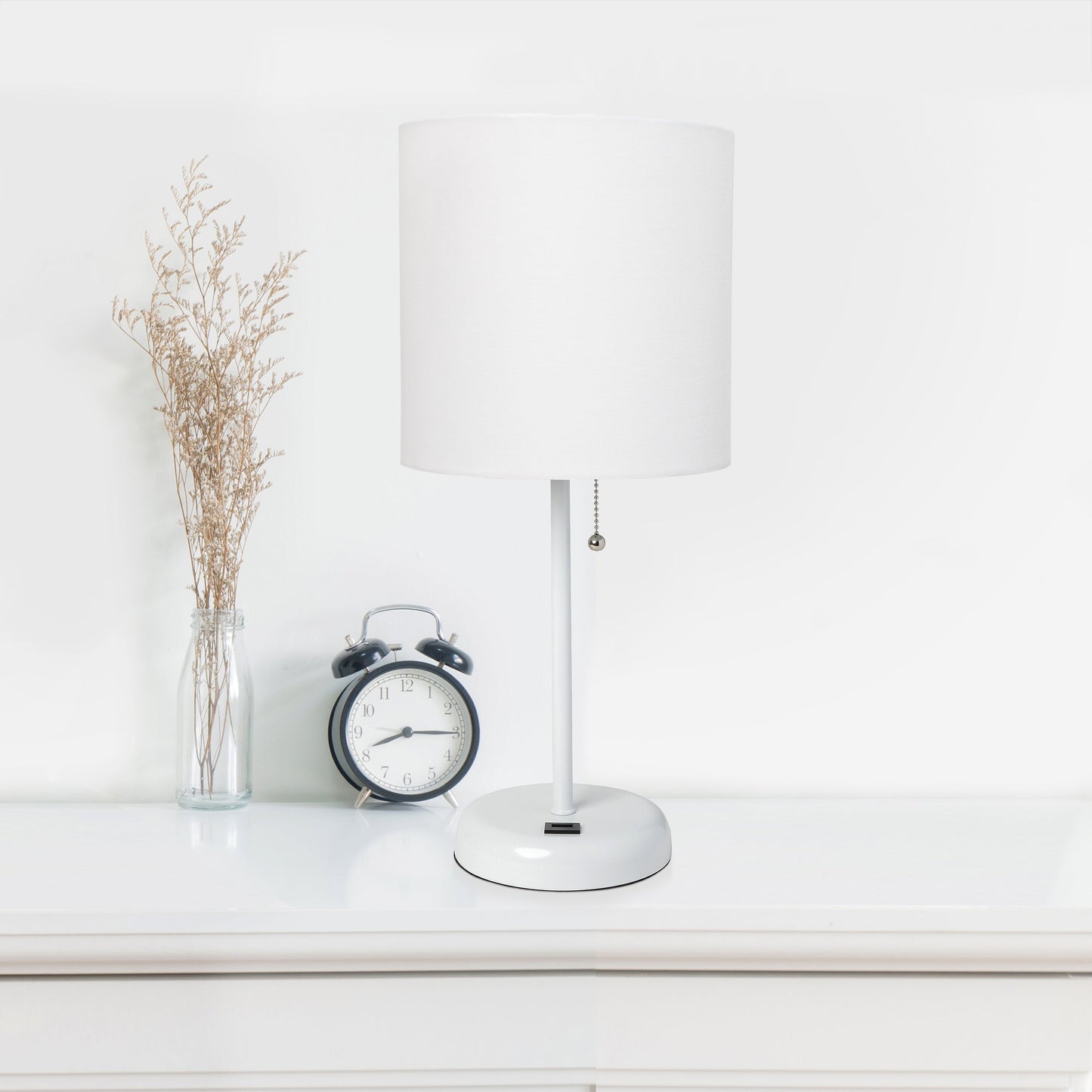 All The Rages LimeLights 2-Piece White Stick Lamps With USB Charging Port & White Fabric Shades