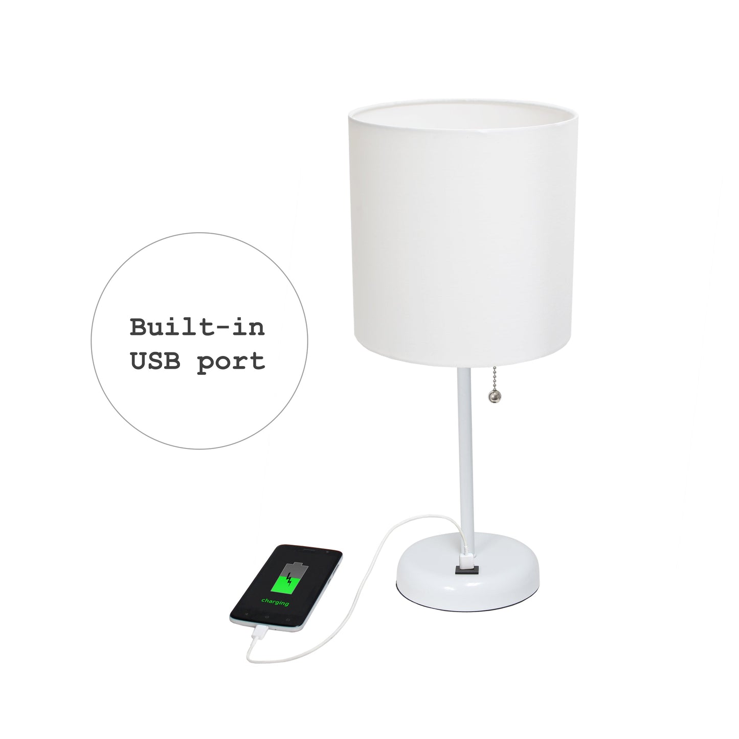 All The Rages LimeLights 2-Piece White Stick Lamps With USB Charging Port & White Fabric Shades