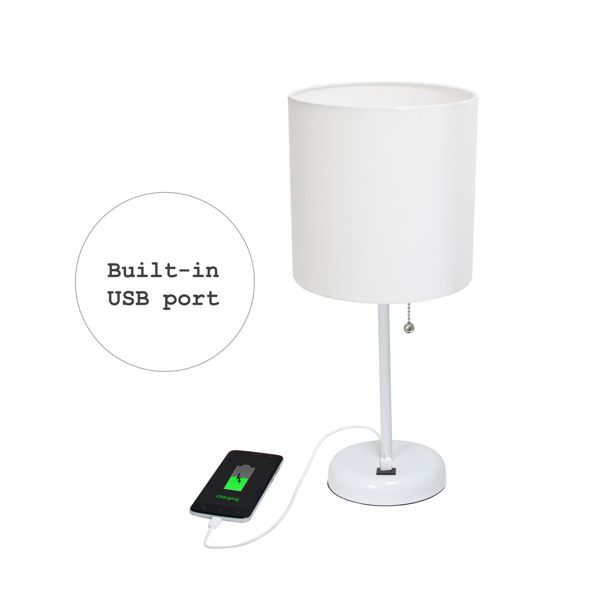 All The Rages LimeLights 2-Piece White Stick Lamps With USB Charging Port & White Fabric Shades