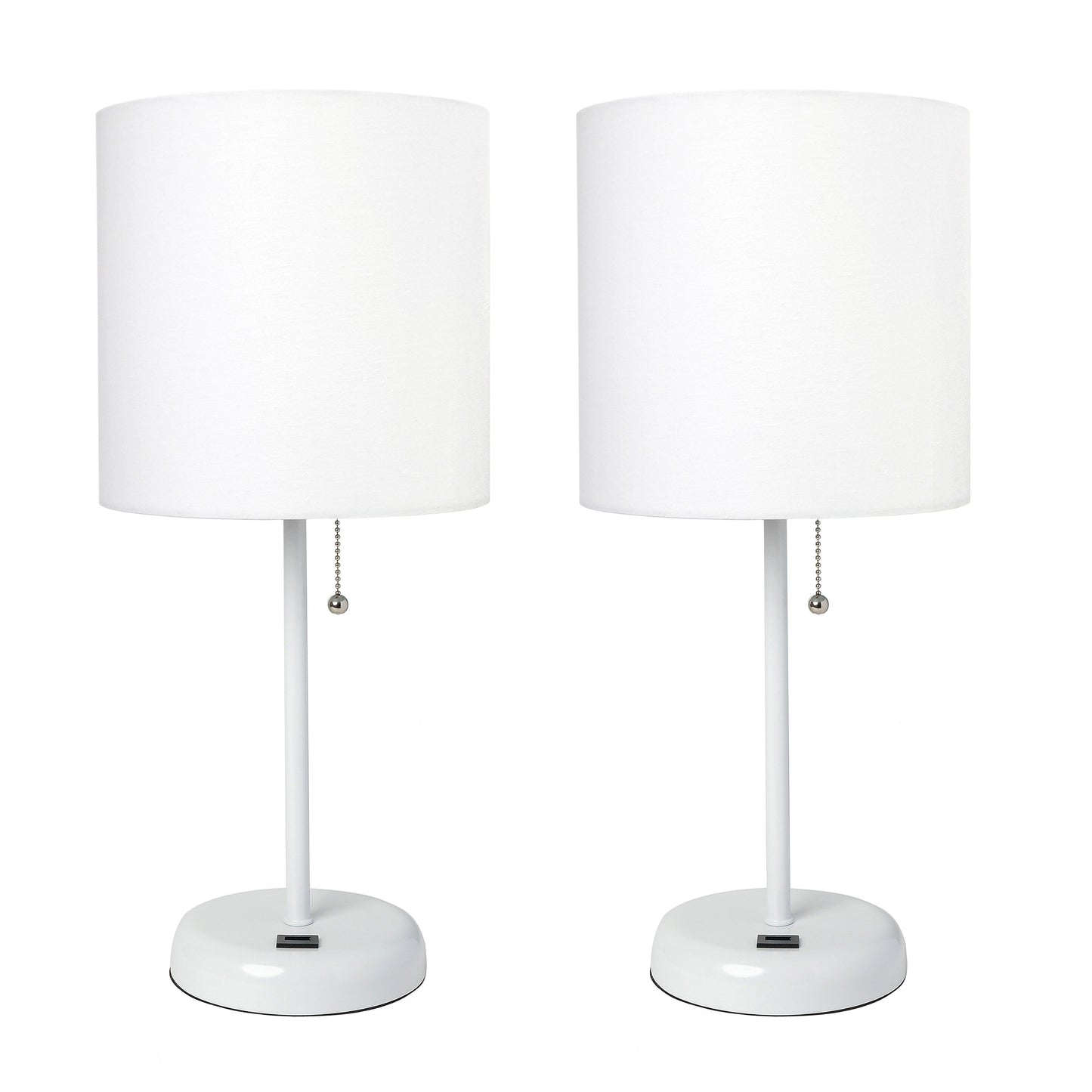 All The Rages LimeLights 2-Piece White Stick Lamps With USB Charging Port & White Fabric Shades
