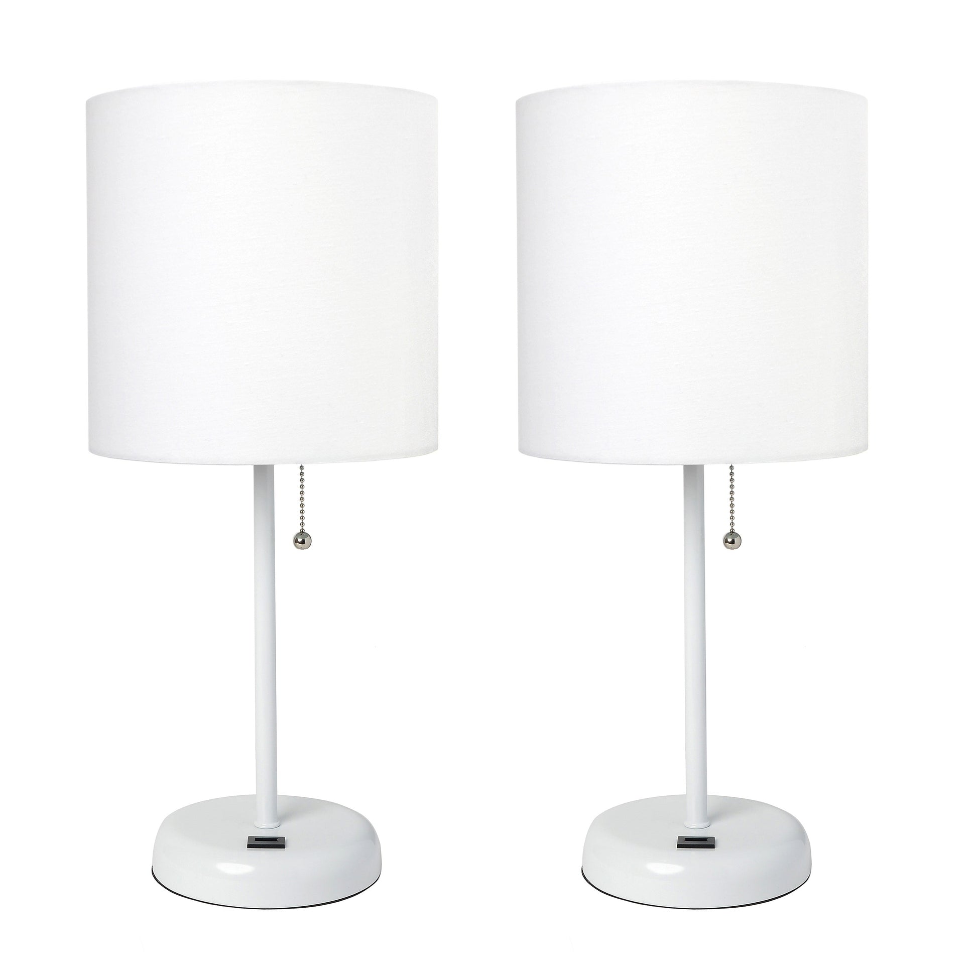 All The Rages LimeLights 2-Piece White Stick Lamps With USB Charging Port & White Fabric Shades