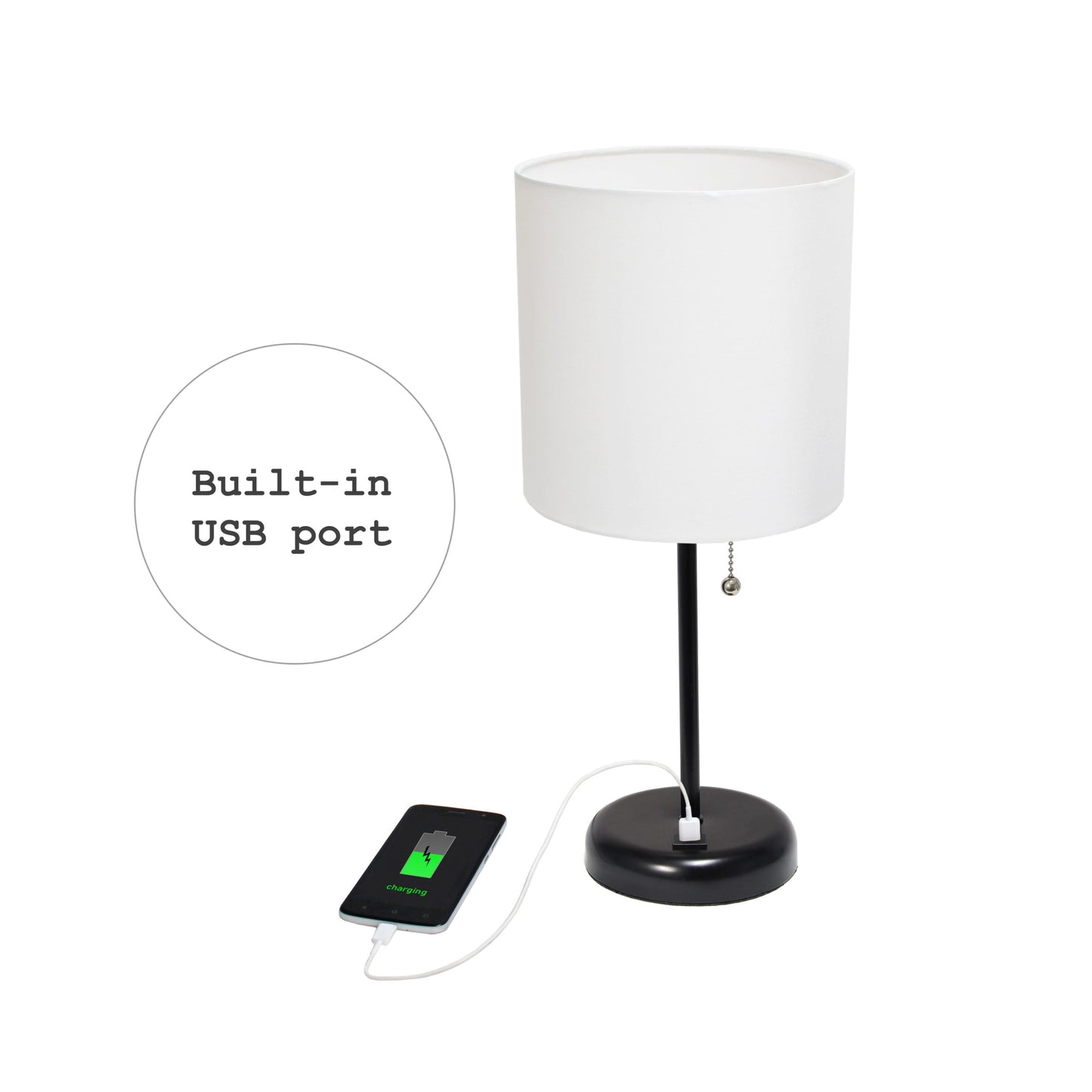All The Rages LimeLights Black Stick Lamp With White Fabric Shade & USB Charging Port