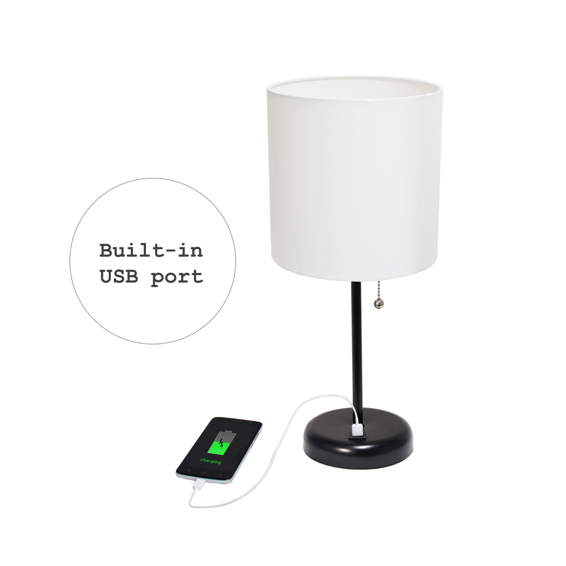 All The Rages LimeLights Black Stick Lamp With White Fabric Shade & USB Charging Port