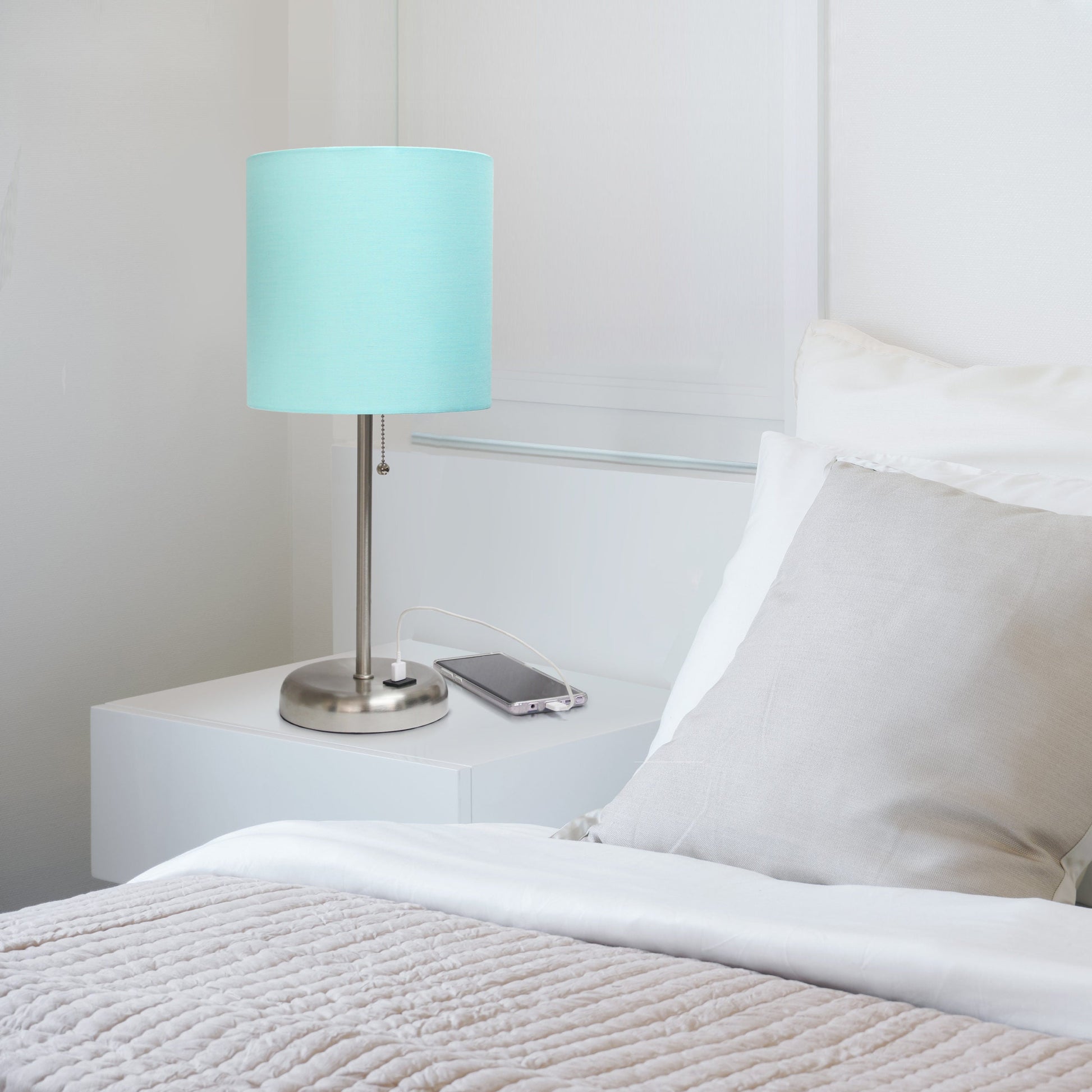 All The Rages LimeLights Brushed Steel Stick Lamp With Aqua Fabric Shade & USB Charging Port