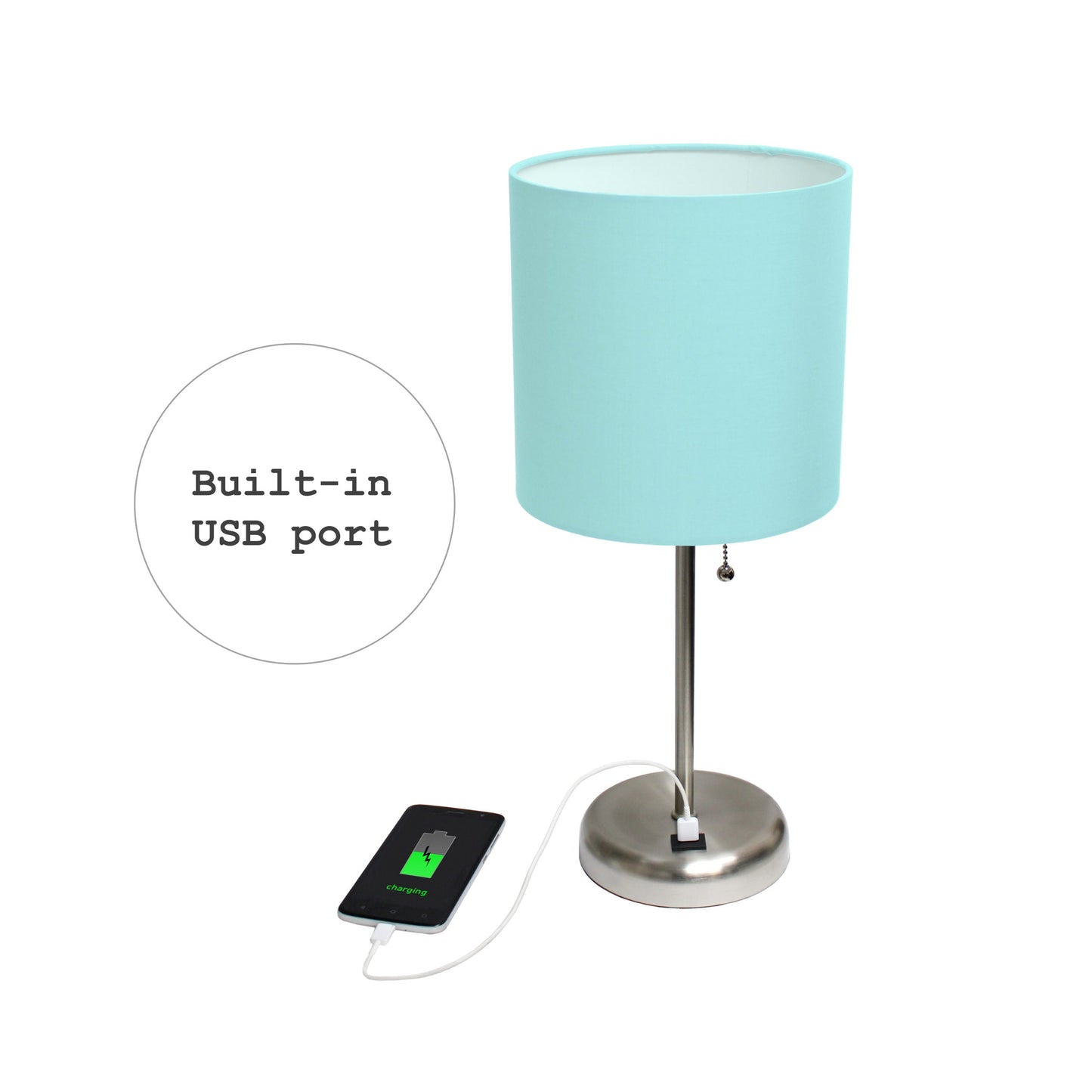 All The Rages LimeLights Brushed Steel Stick Lamp With Aqua Fabric Shade & USB Charging Port