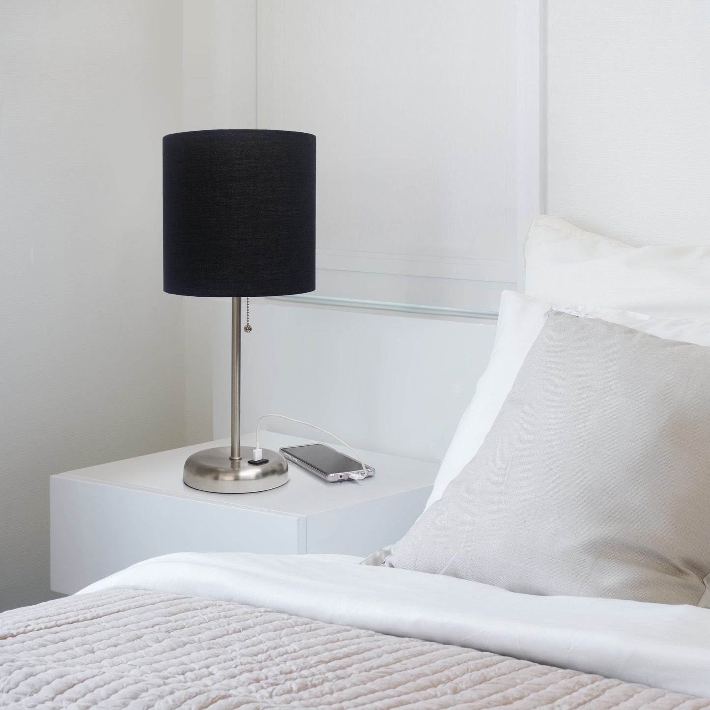 All The Rages LimeLights Brushed Steel Stick Lamp With Black Fabric Shade & USB Charging Port