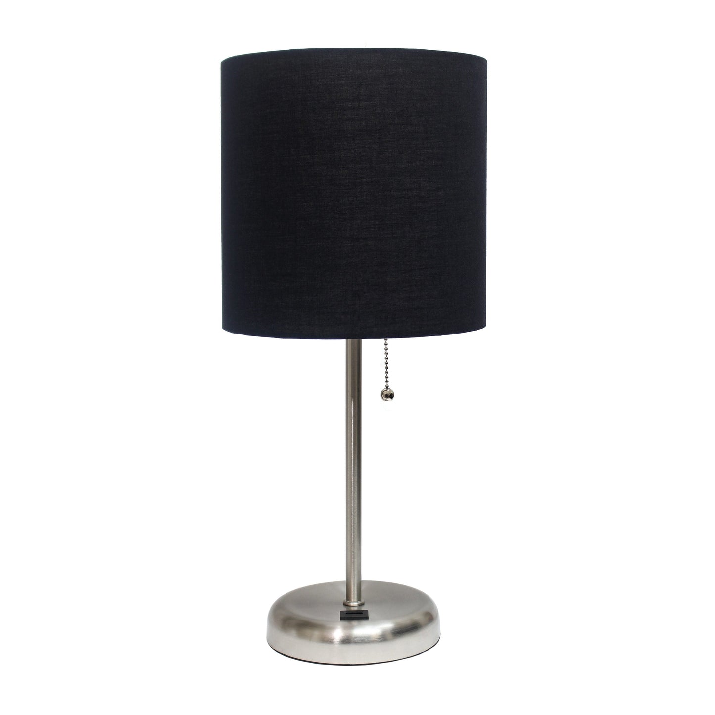 All The Rages LimeLights Brushed Steel Stick Lamp With Black Fabric Shade & USB Charging Port