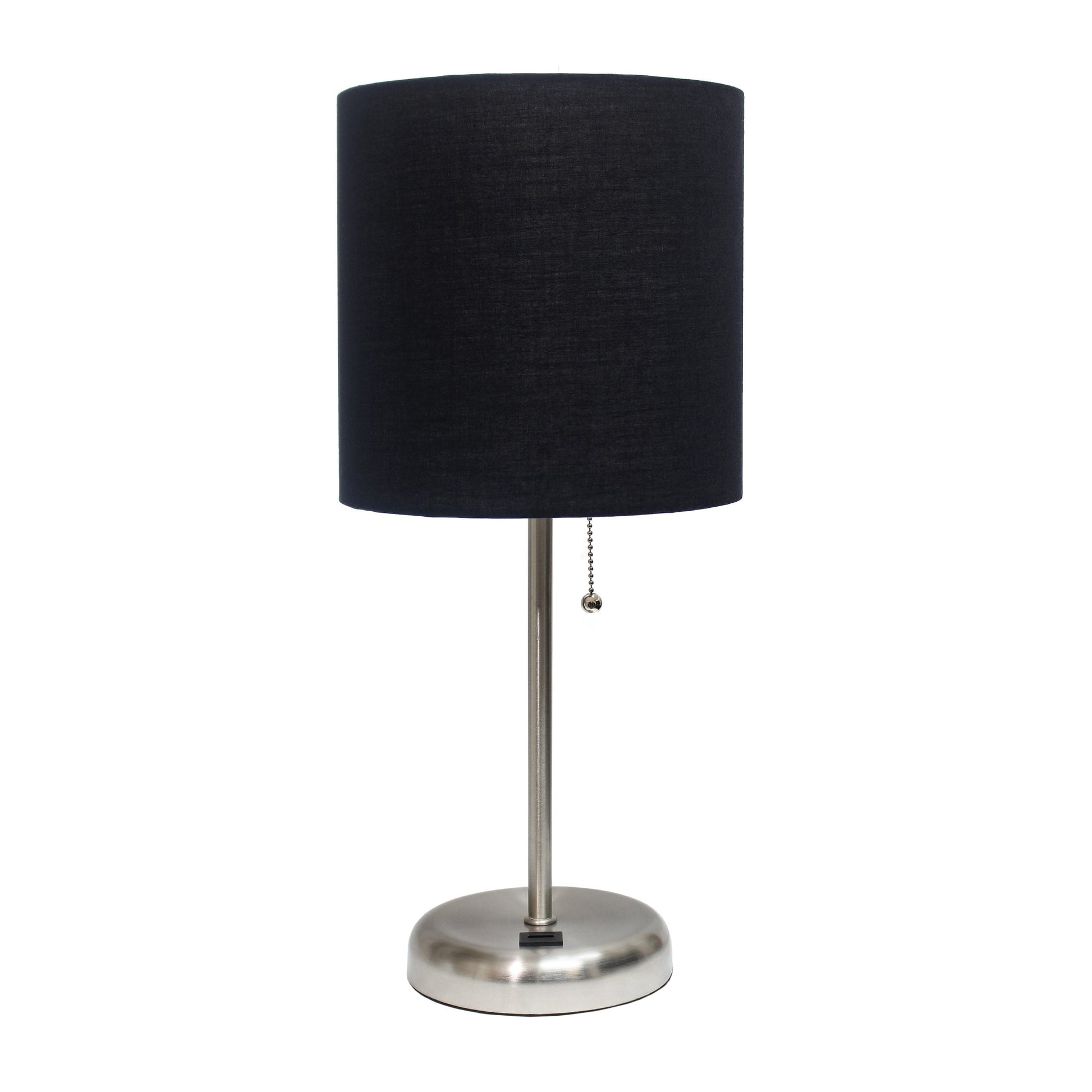All The Rages LimeLights Brushed Steel Stick Lamp With Black Fabric Shade & USB Charging Port
