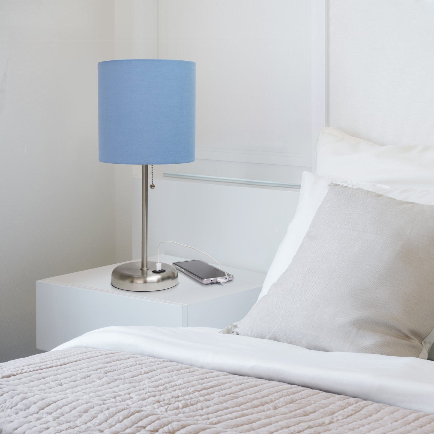 All The Rages LimeLights Brushed Steel Stick Lamp With Blue Fabric Shade & USB Charging Port