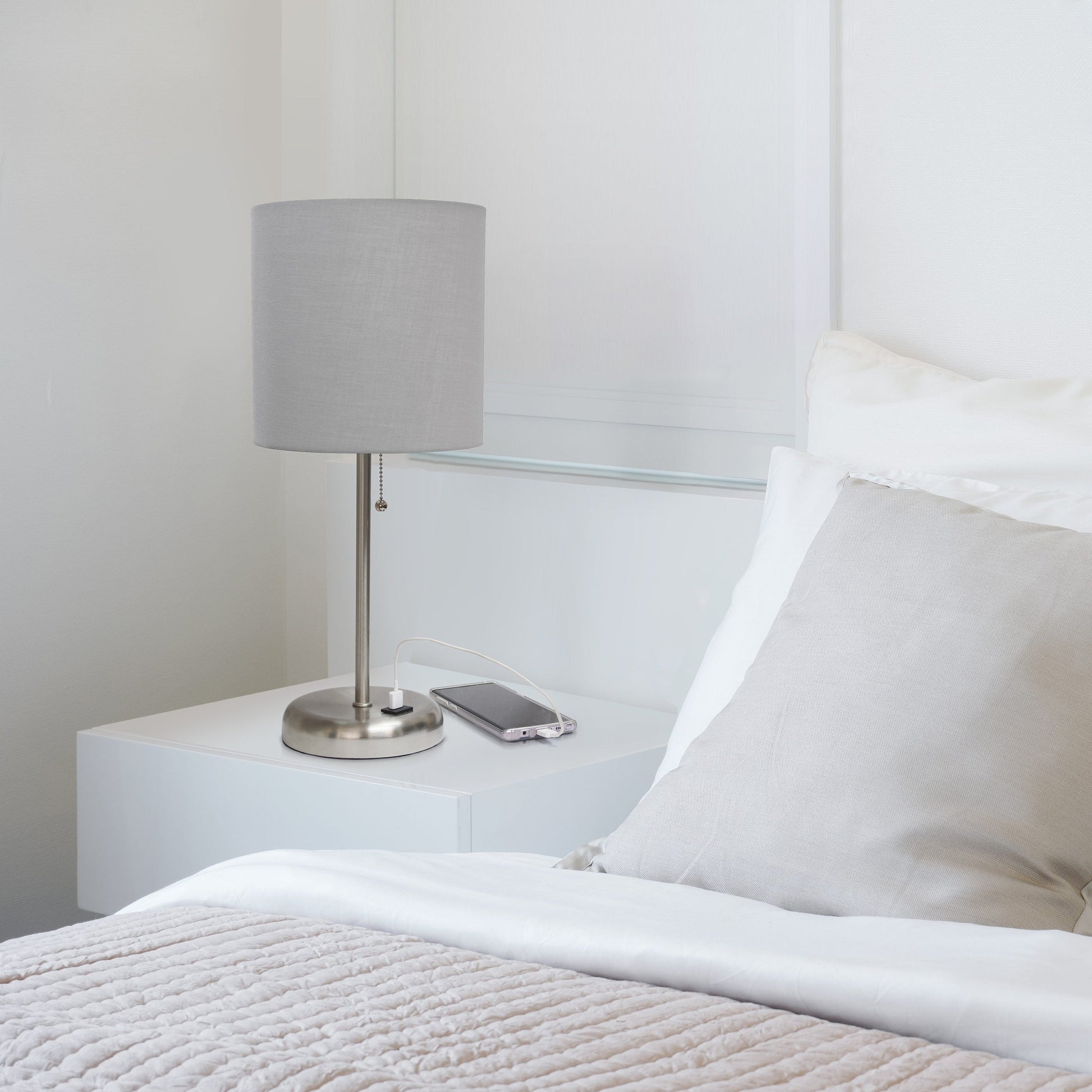 All The Rages LimeLights Brushed Steel Stick Lamp With Gray Fabric Shade & USB Charging Port