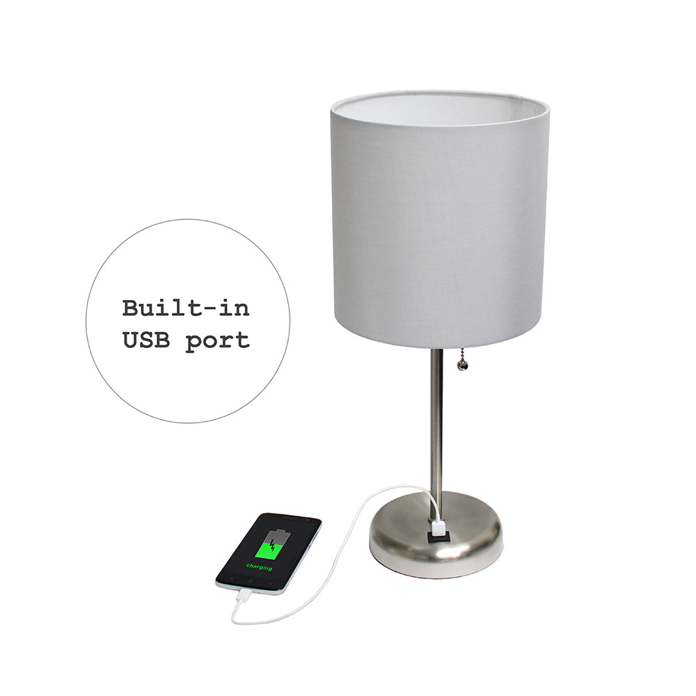 All The Rages LimeLights Brushed Steel Stick Lamp With Gray Fabric Shade & USB Charging Port