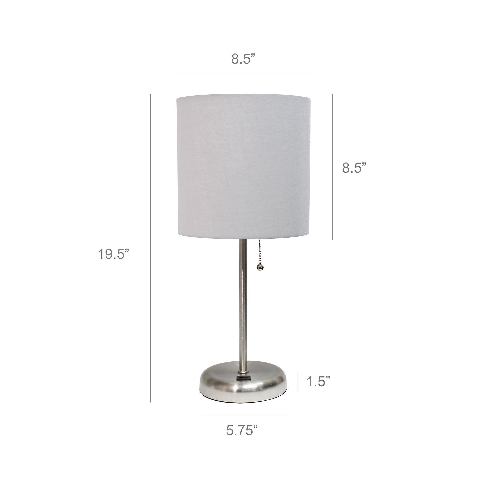 All The Rages LimeLights Brushed Steel Stick Lamp With Gray Fabric Shade & USB Charging Port