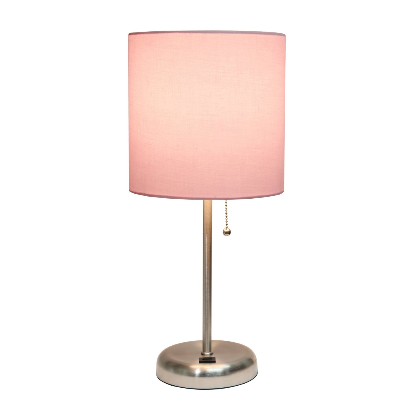 All The Rages LimeLights Brushed Steel Stick Lamp With Light Pink Fabric Shade & USB Charging Port