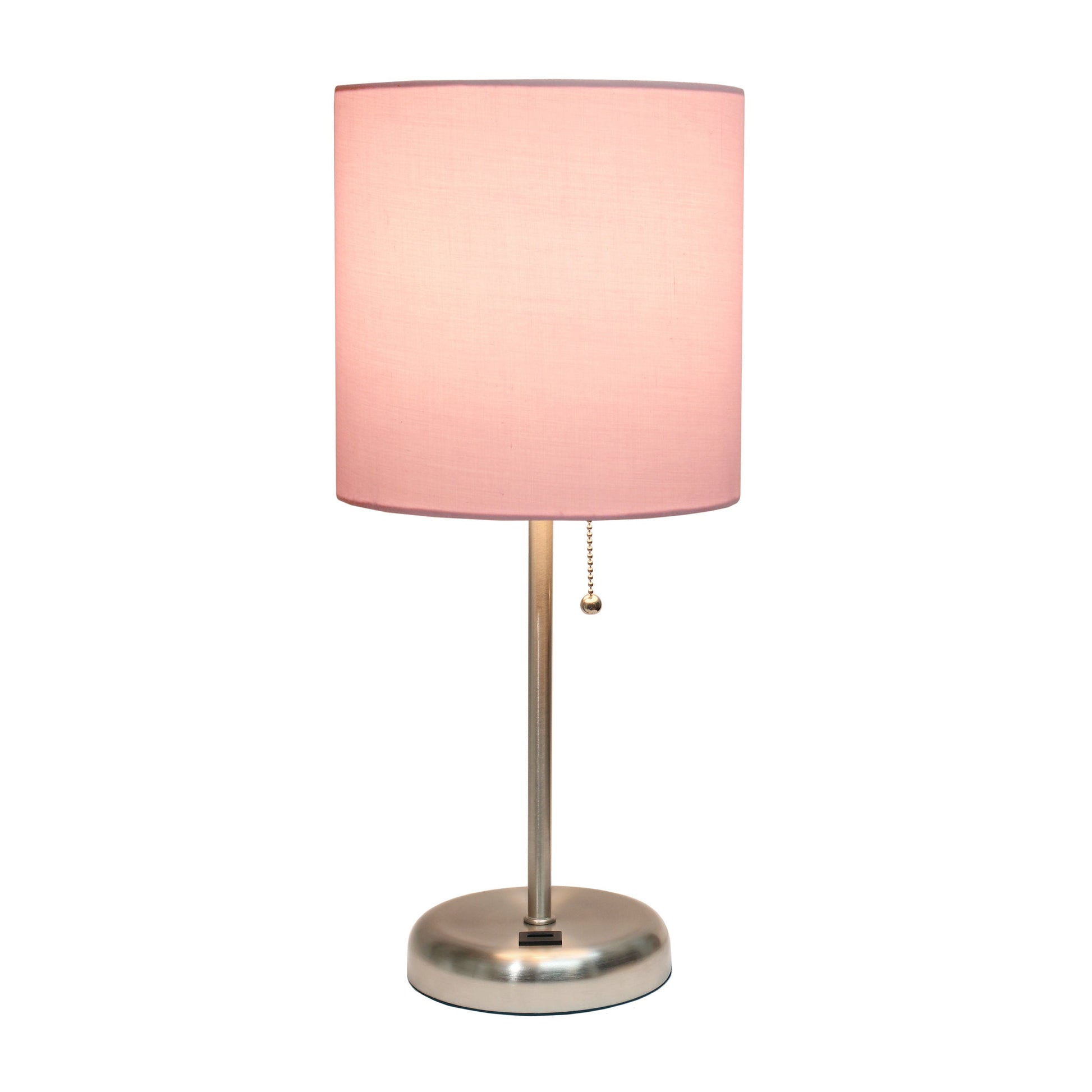All The Rages LimeLights Brushed Steel Stick Lamp With Light Pink Fabric Shade & USB Charging Port