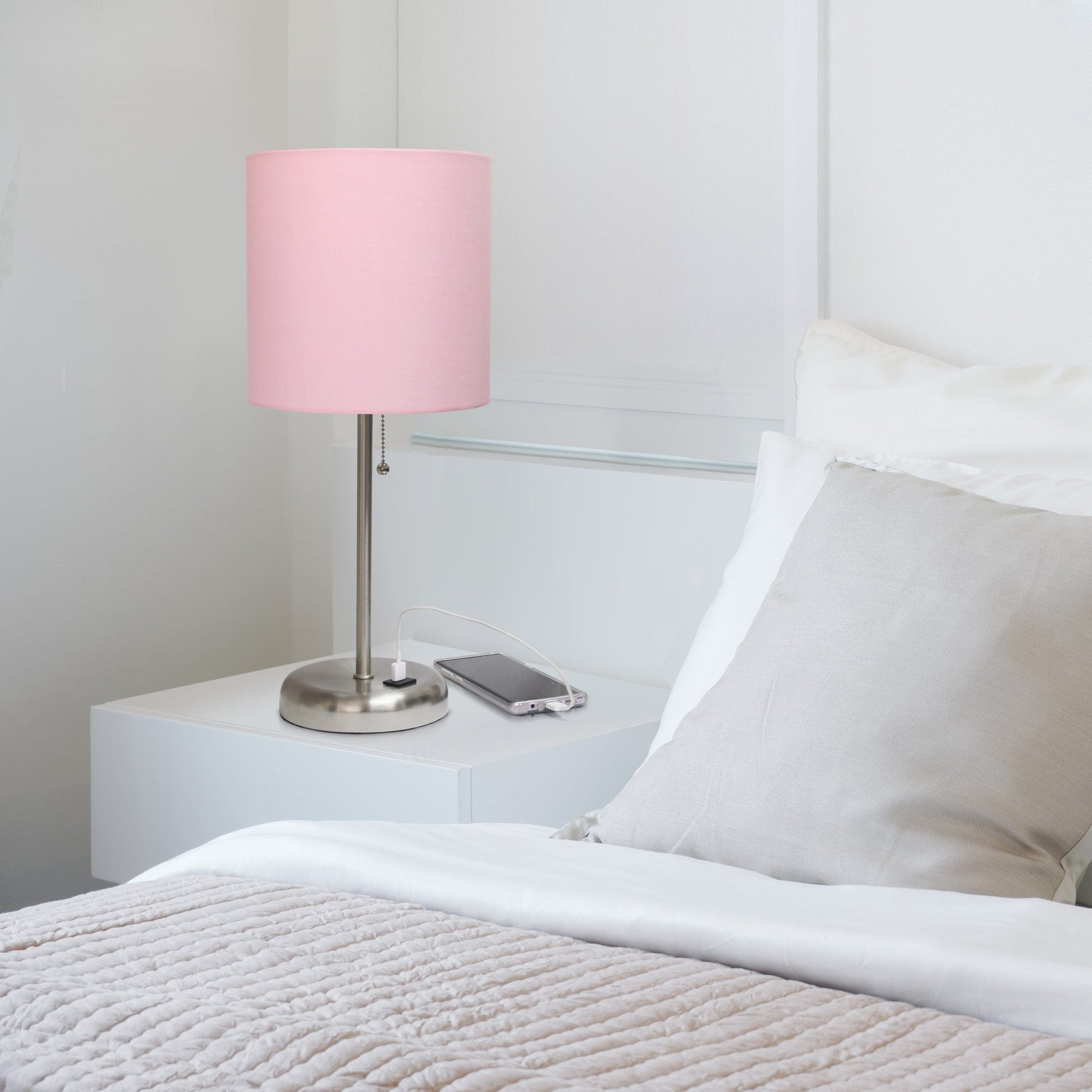 All The Rages LimeLights Brushed Steel Stick Lamp With Light Pink Fabric Shade & USB Charging Port