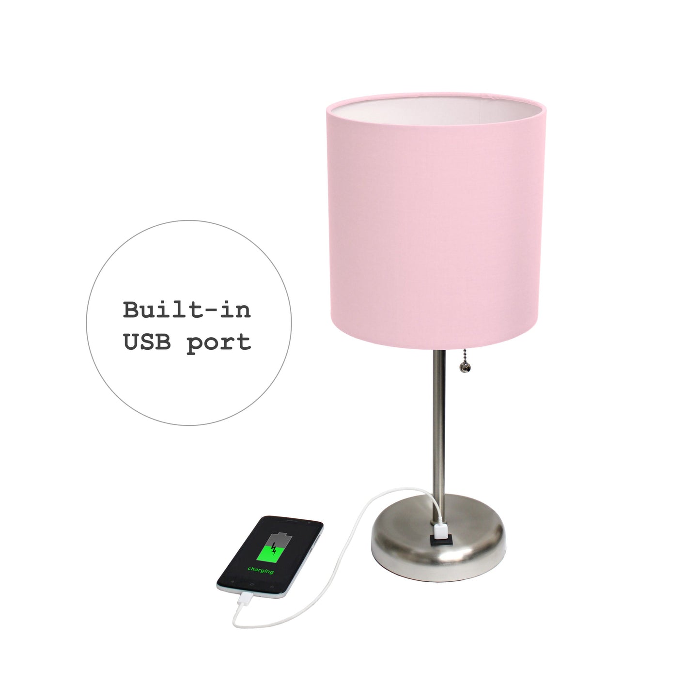 All The Rages LimeLights Brushed Steel Stick Lamp With Light Pink Fabric Shade & USB Charging Port