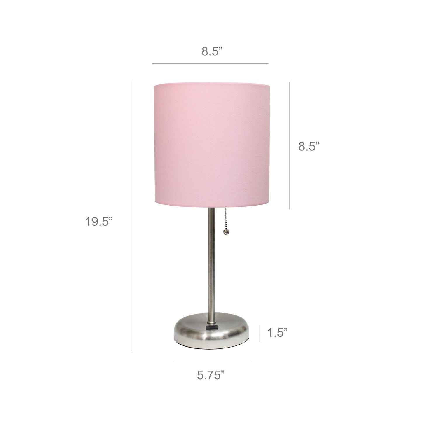 All The Rages LimeLights Brushed Steel Stick Lamp With Light Pink Fabric Shade & USB Charging Port
