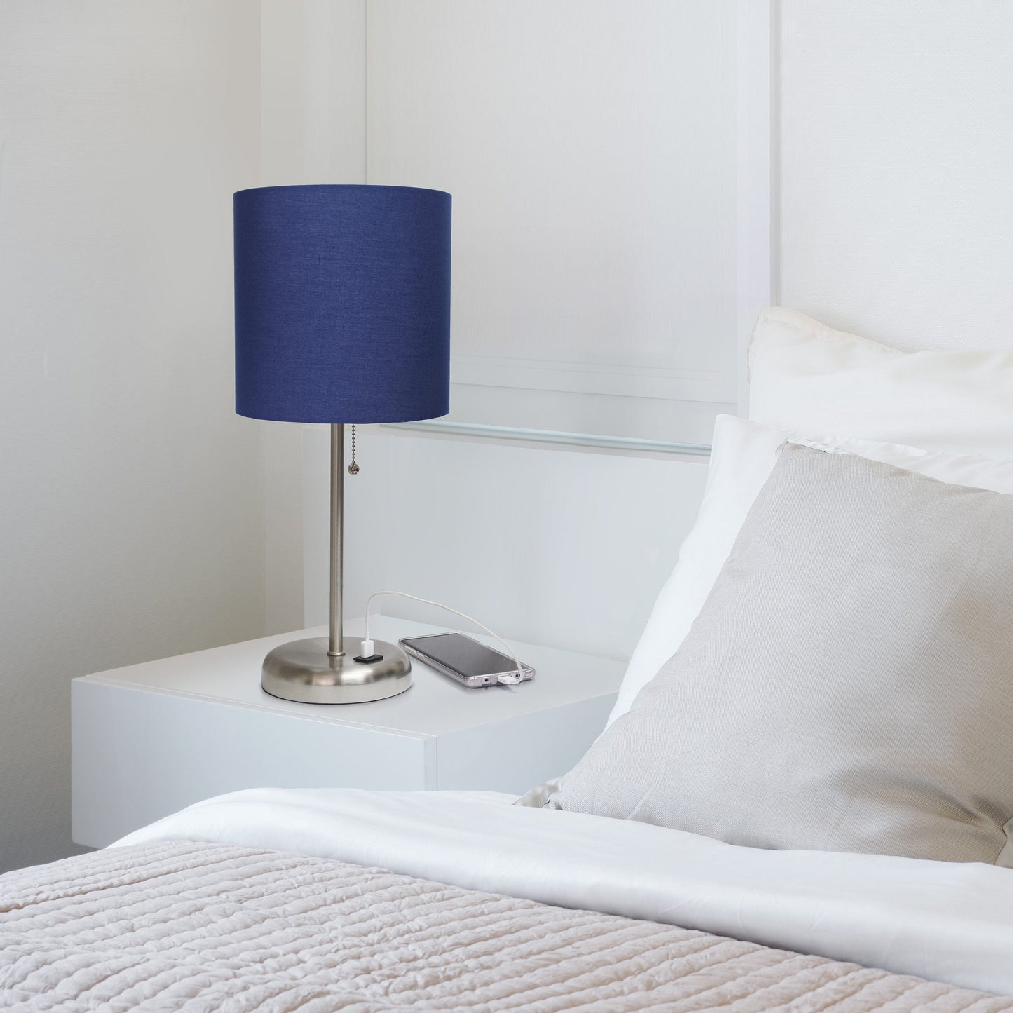 All The Rages LimeLights Brushed Steel Stick Lamp With Navy Blue Fabric Shade & USB Charging Port
