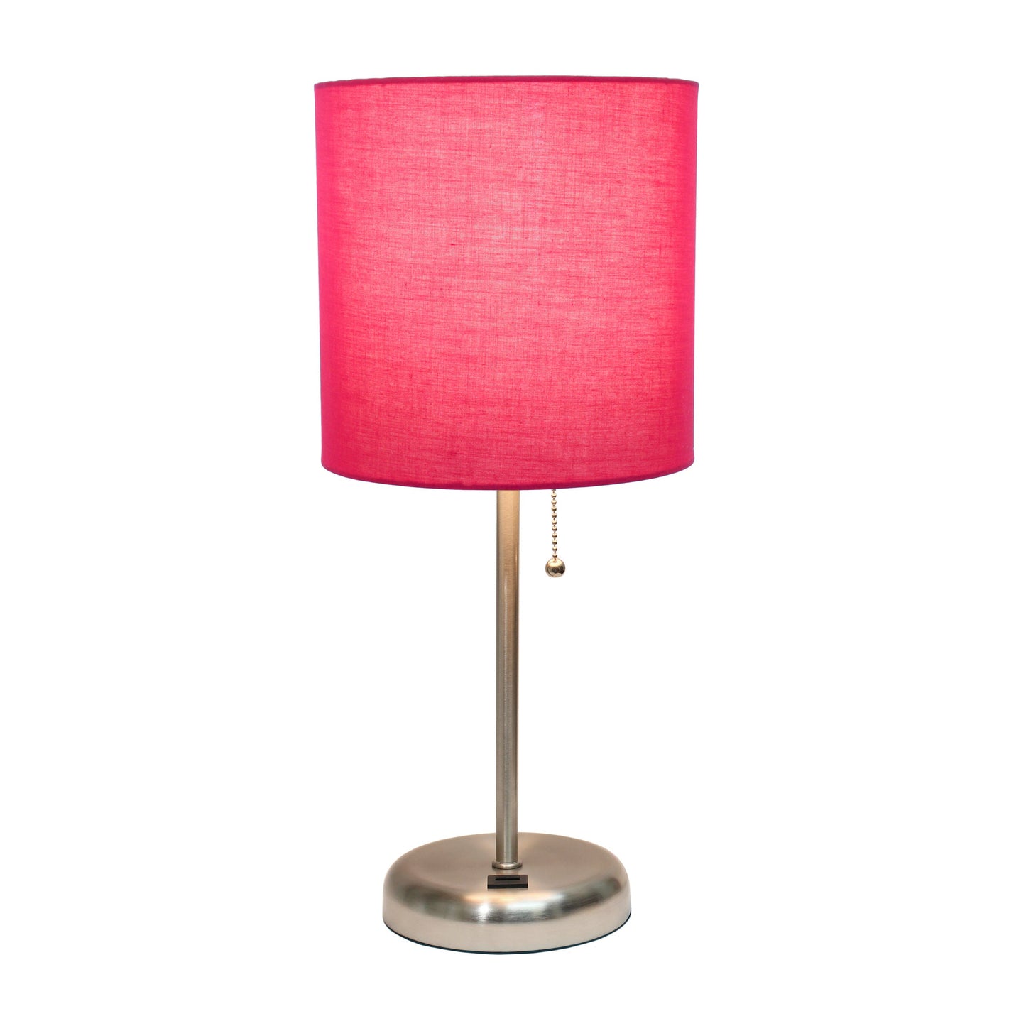 All The Rages LimeLights Brushed Steel Stick Lamp With Pink Fabric Shade & USB Charging Port
