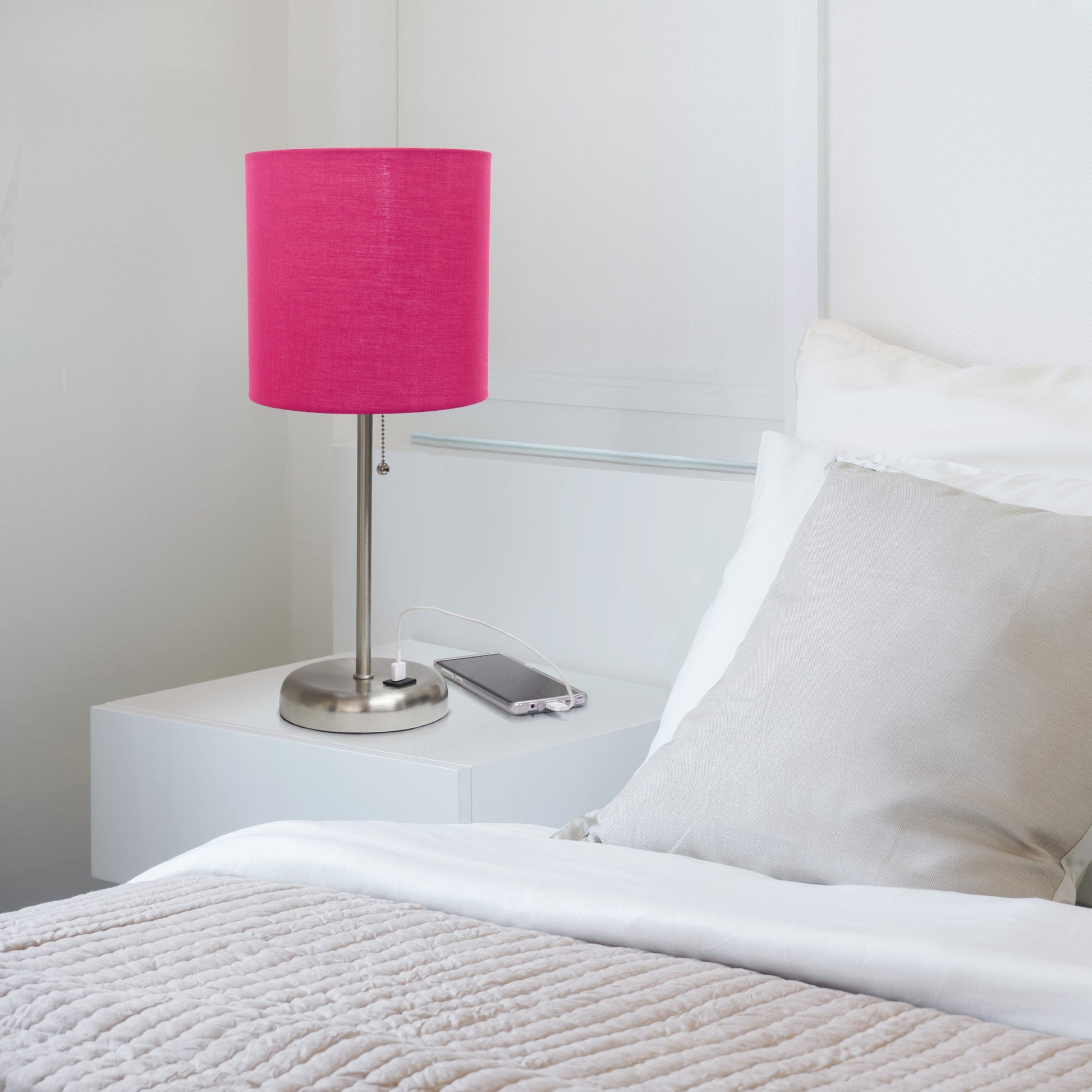 All The Rages LimeLights Brushed Steel Stick Lamp With Pink Fabric Shade & USB Charging Port