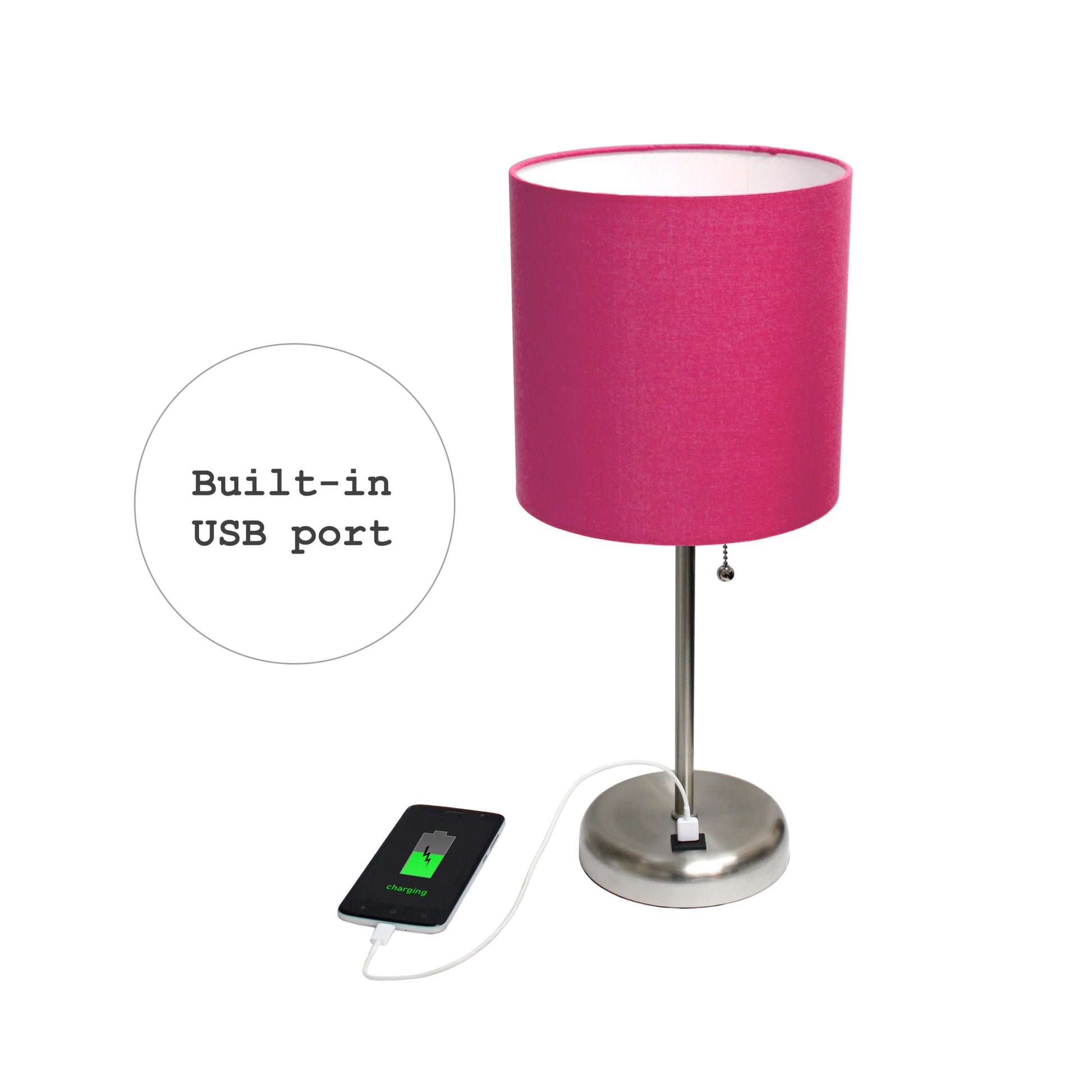 All The Rages LimeLights Brushed Steel Stick Lamp With Pink Fabric Shade & USB Charging Port