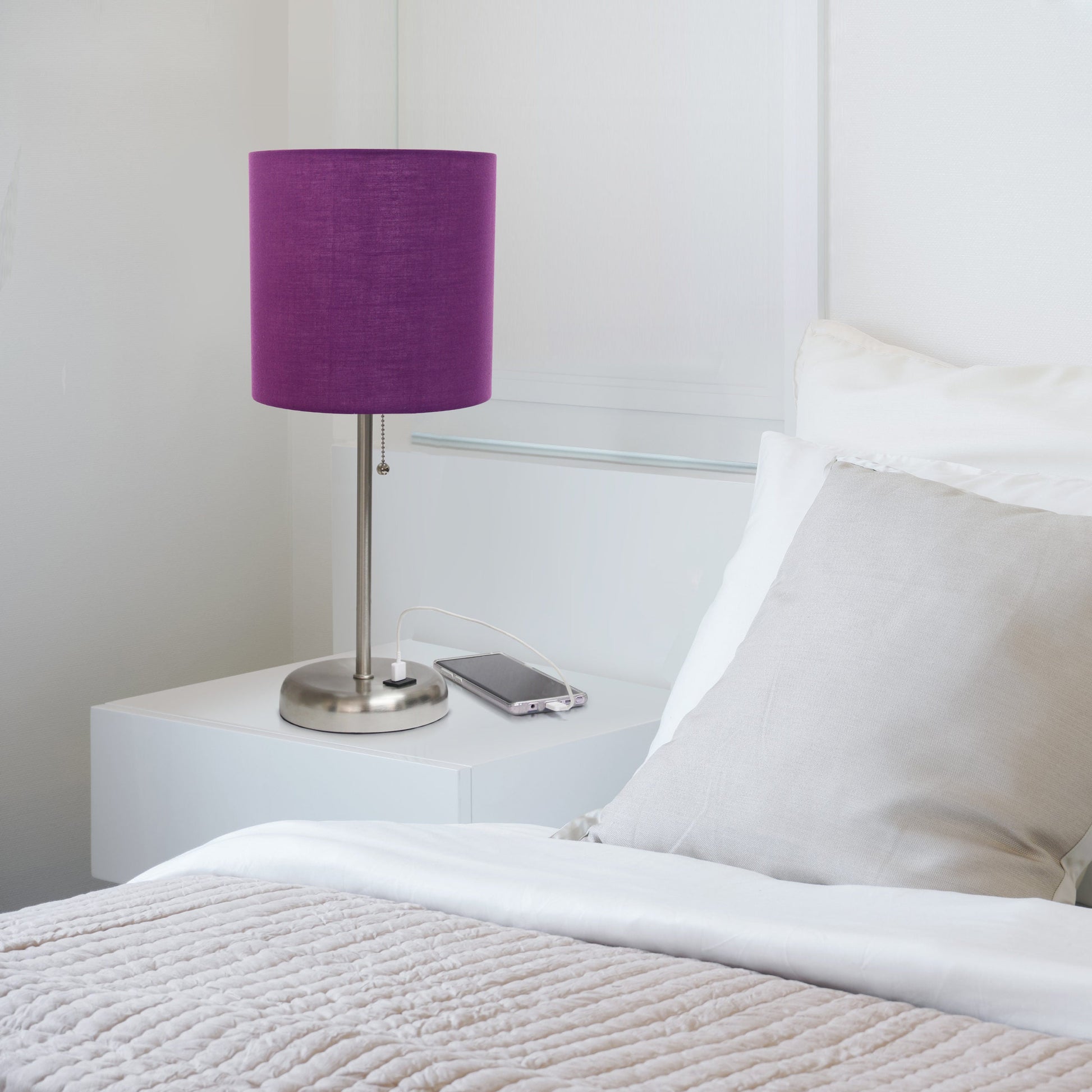 All The Rages LimeLights Brushed Steel Stick Lamp With Purple Fabric Shade & USB Charging Port