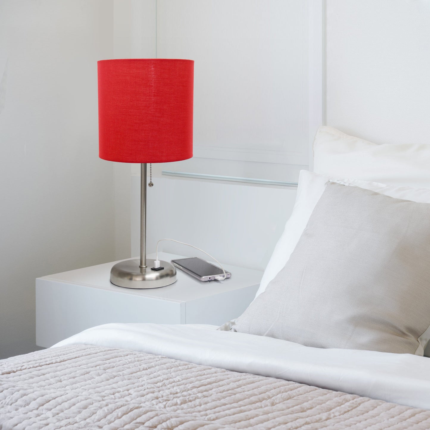 All The Rages LimeLights Brushed Steel Stick Lamp With Red Fabric Shade & USB Charging Port