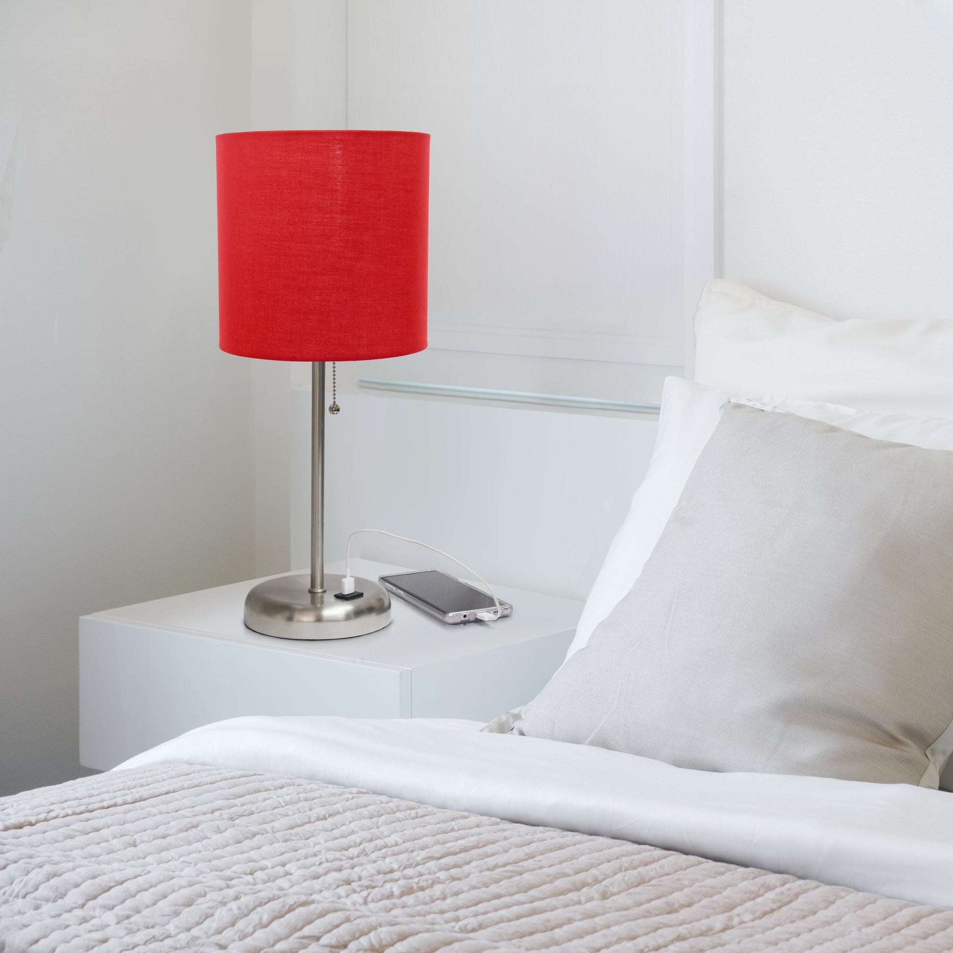 All The Rages LimeLights Brushed Steel Stick Lamp With Red Fabric Shade & USB Charging Port