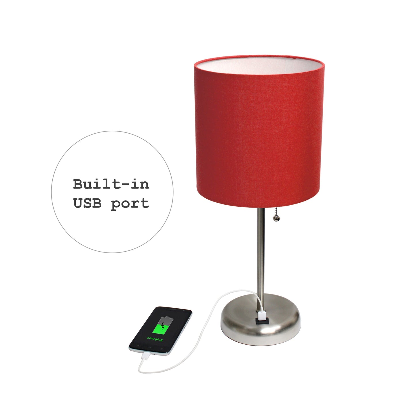 All The Rages LimeLights Brushed Steel Stick Lamp With Red Fabric Shade & USB Charging Port