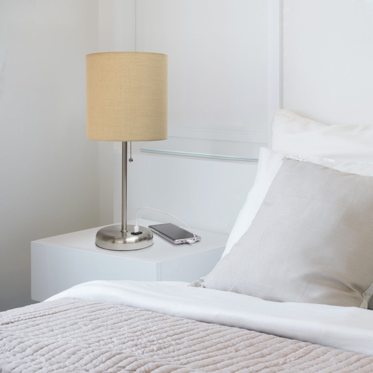 All The Rages LimeLights Brushed Steel Stick Lamp With Tan Fabric Shade & USB Charging Port