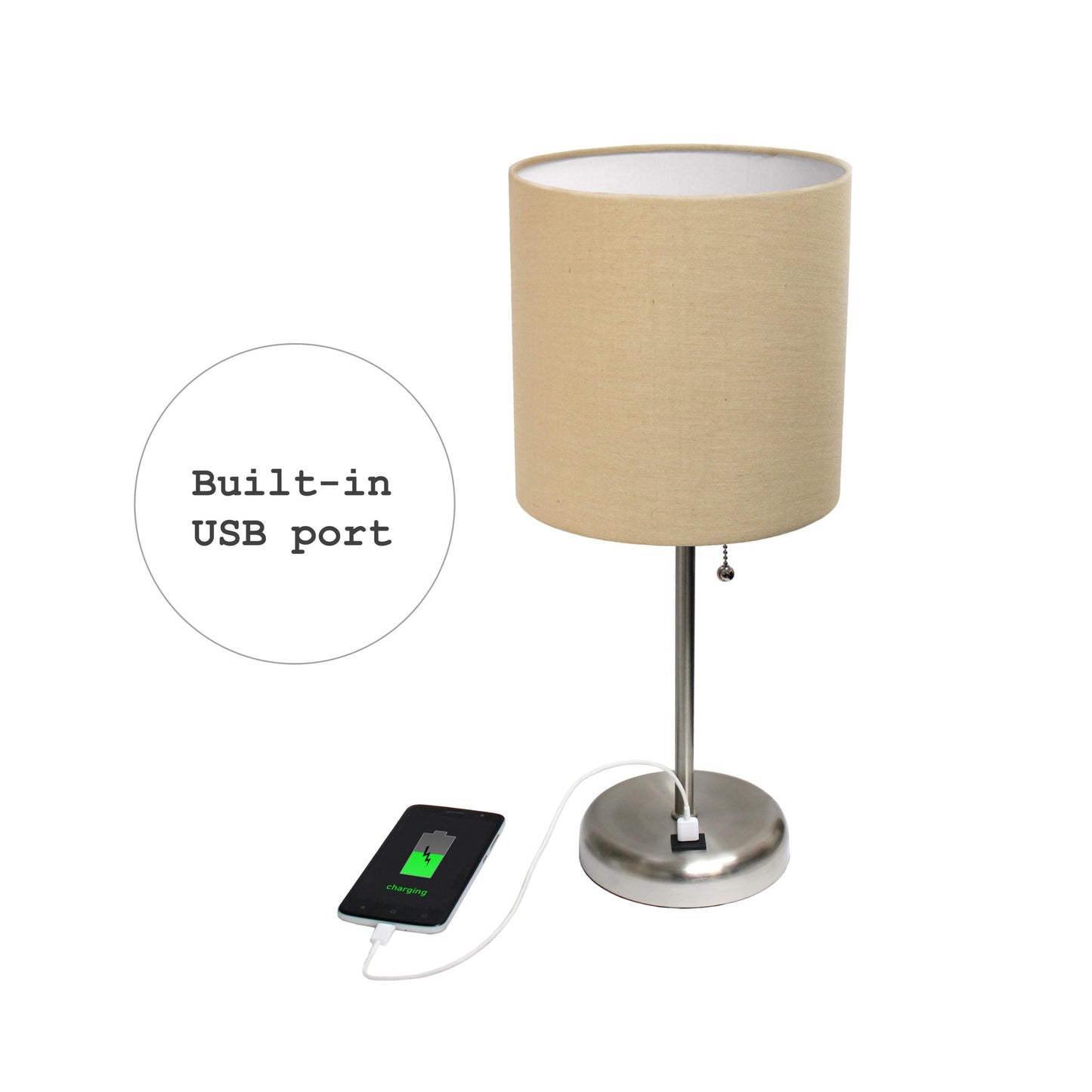 All The Rages LimeLights Brushed Steel Stick Lamp With Tan Fabric Shade & USB Charging Port
