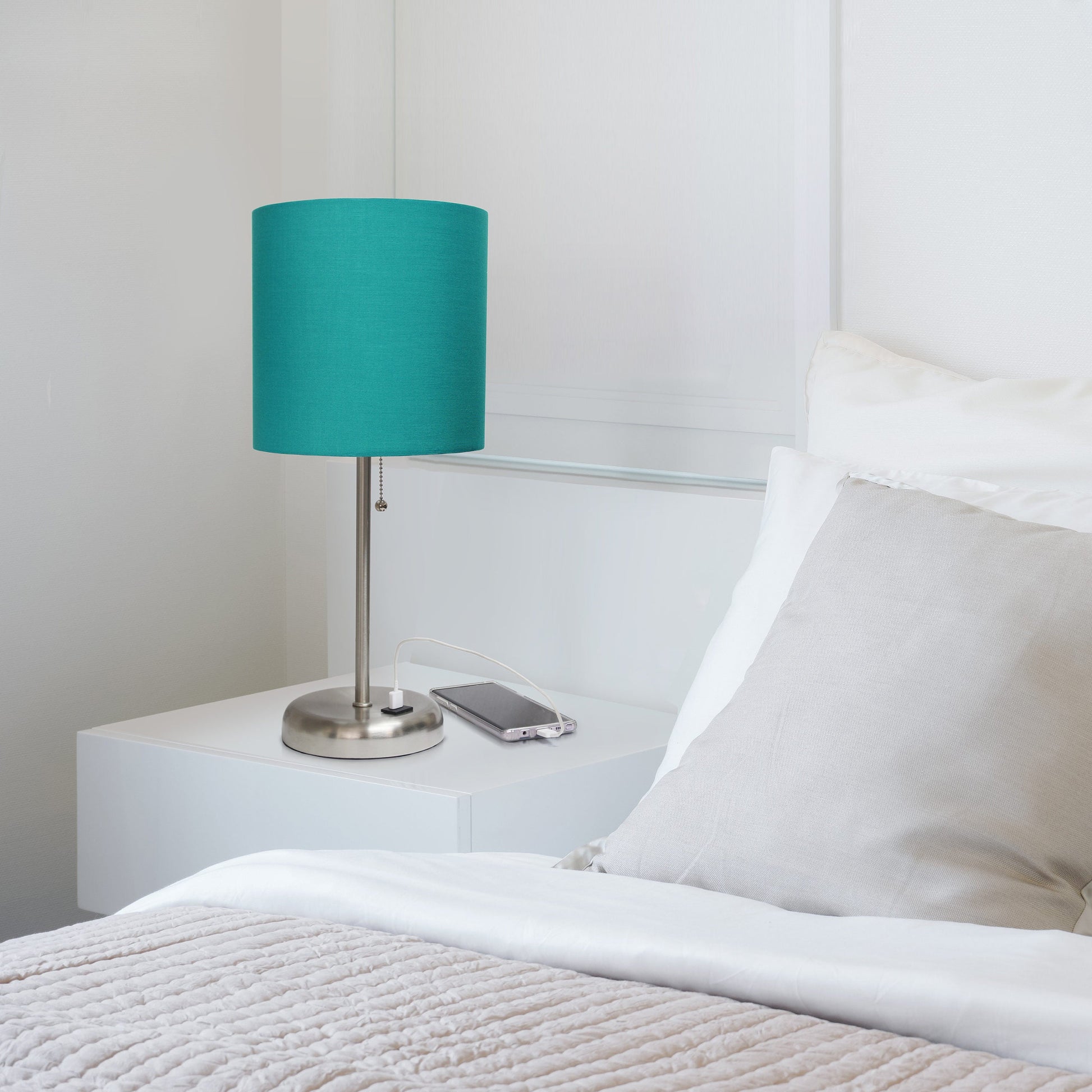 All The Rages LimeLights Brushed Steel Stick Lamp With Teal Fabric Shade & USB Charging Port