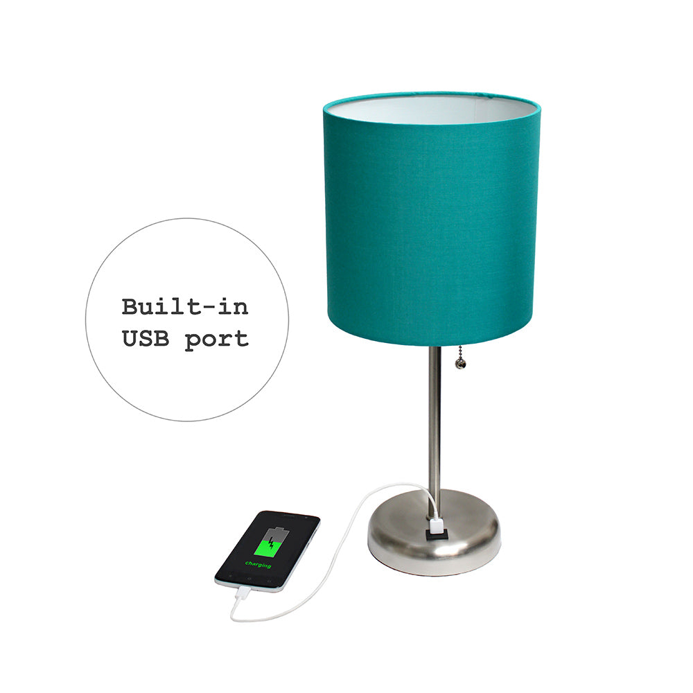 All The Rages LimeLights Brushed Steel Stick Lamp With Teal Fabric Shade & USB Charging Port