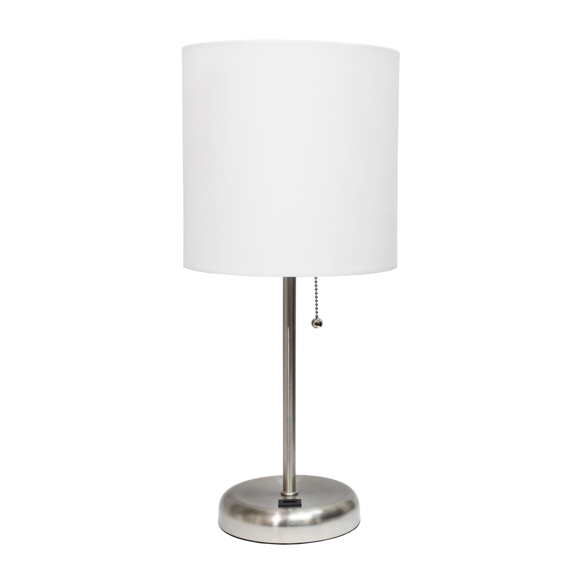 All The Rages LimeLights Brushed Steel Stick Lamp With White Fabric Shade & USB Charging Port