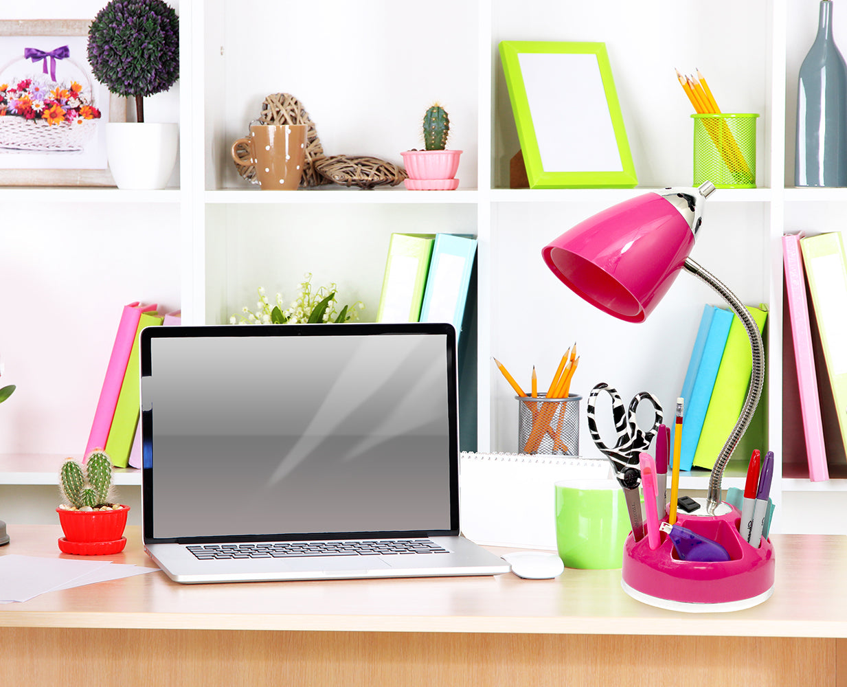 All The Rages LimeLights Pink Flossy Organizer Lazy Susan Base Desk Lamp With Charging Outlet