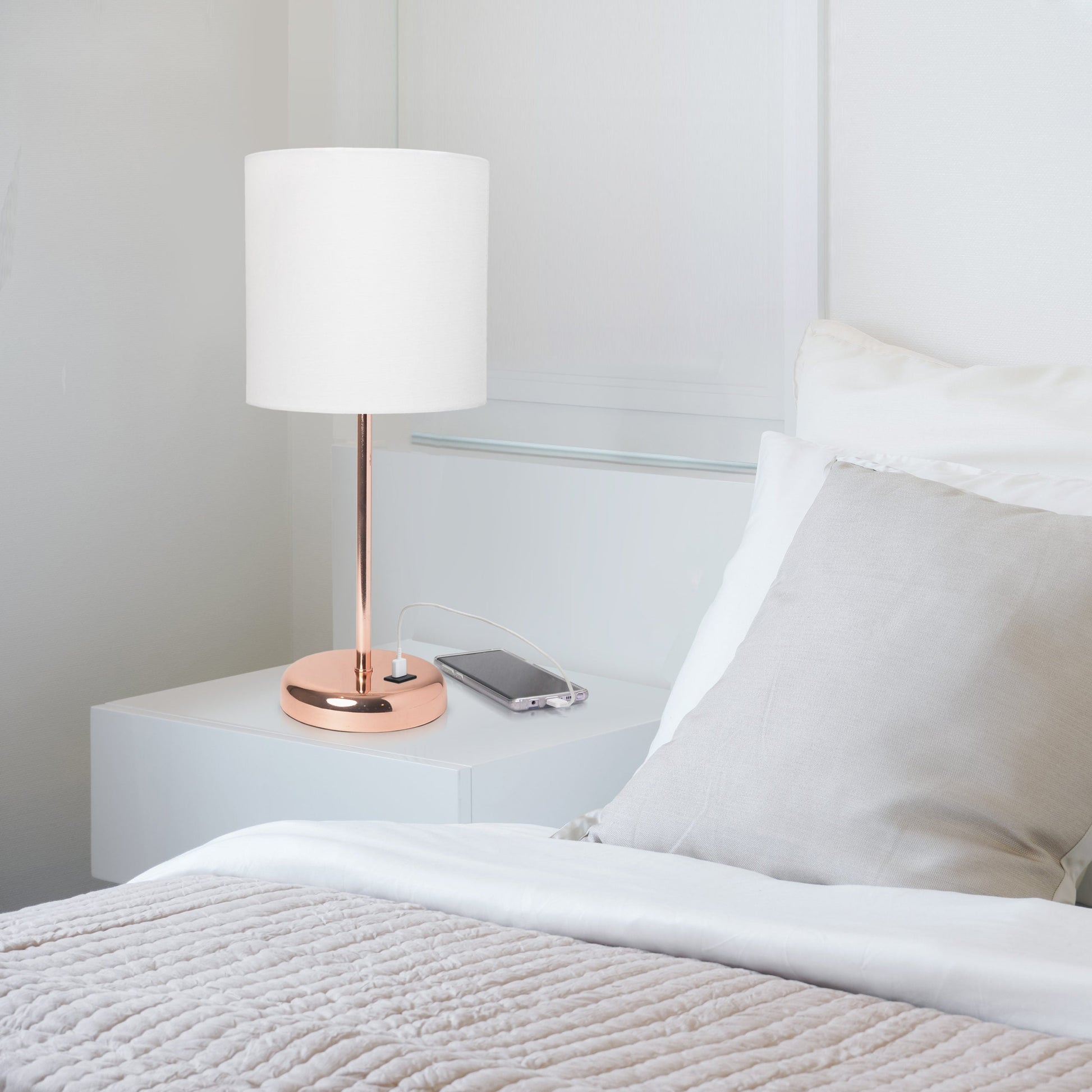 All The Rages LimeLights Rose Gold Stick Lamp With White Fabric Shade & USB Charging Port