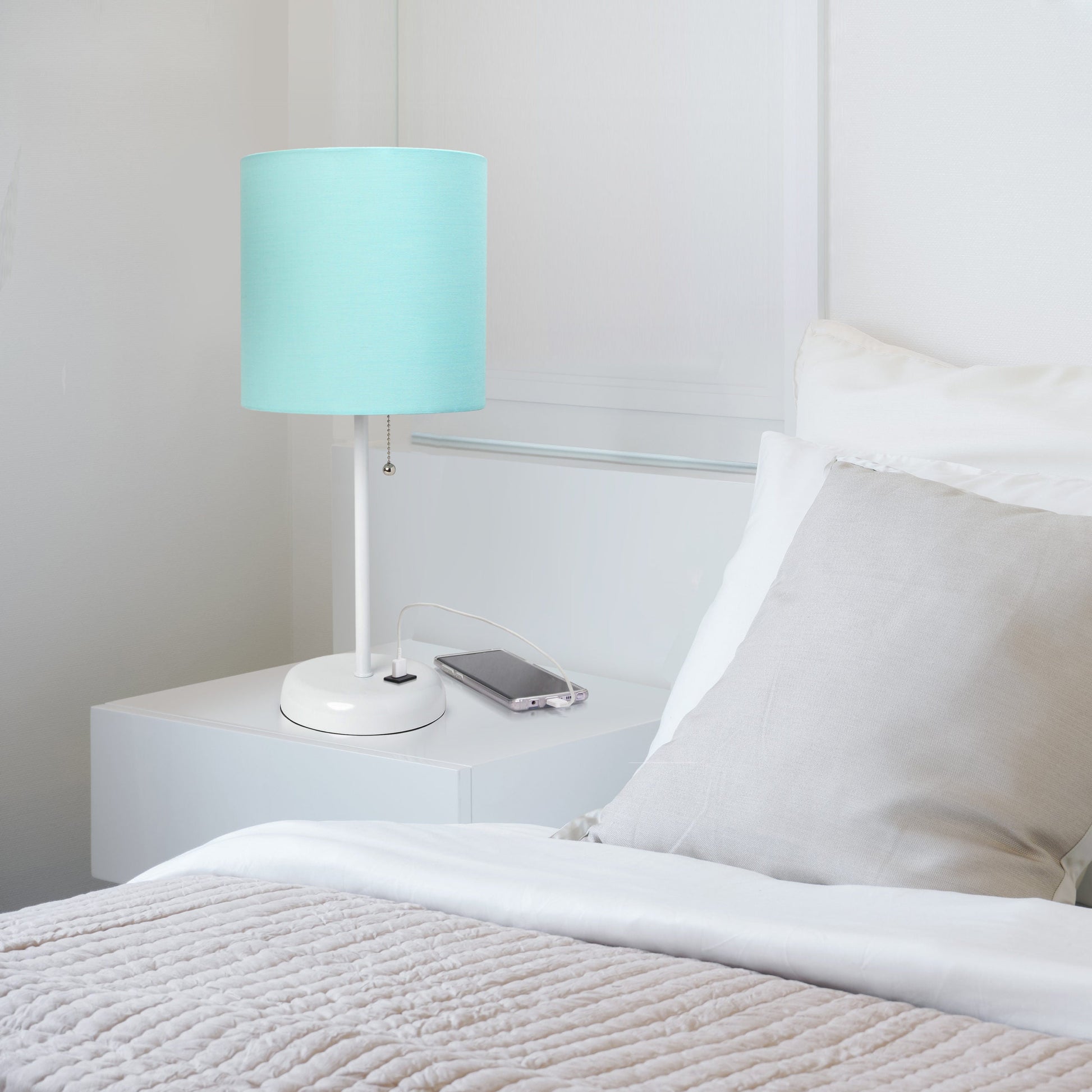All The Rages LimeLights White Stick Lamp With Aqua Fabric Shade & USB Charging Port