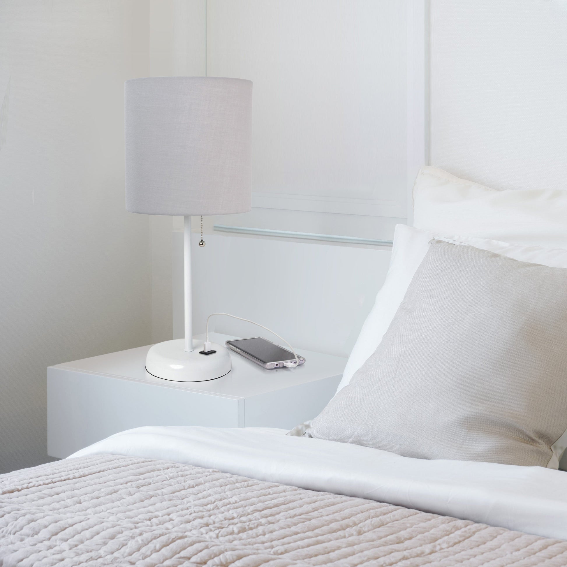 All The Rages LimeLights White Stick Lamp With Gray Fabric Shade & USB Charging Port