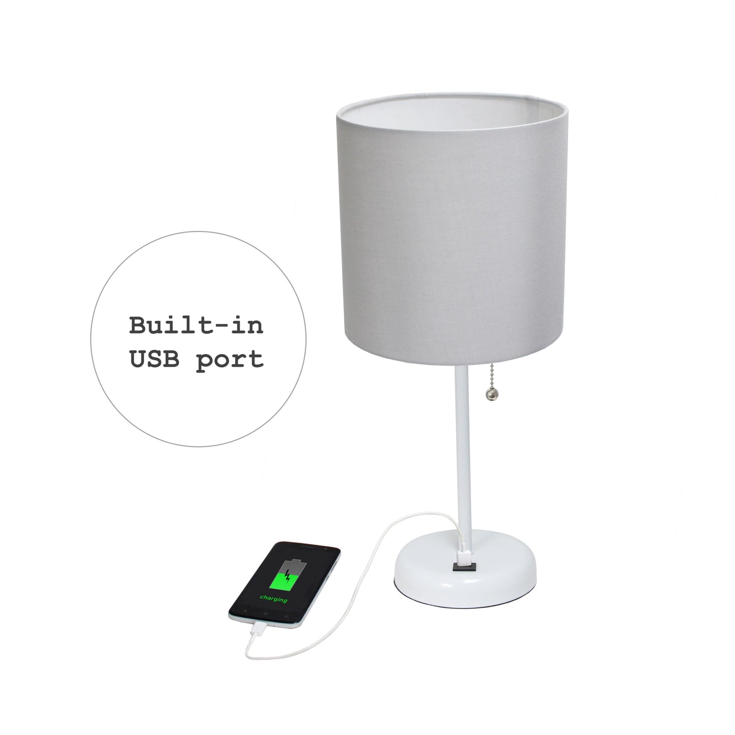 All The Rages LimeLights White Stick Lamp With Gray Fabric Shade & USB Charging Port
