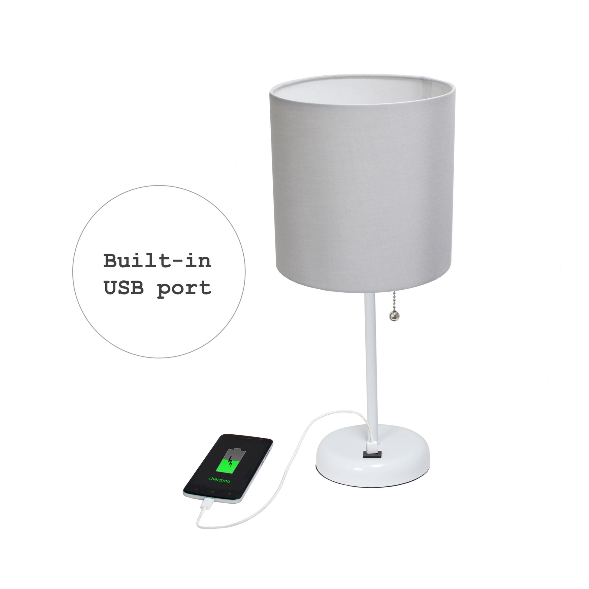 All The Rages LimeLights White Stick Lamp With Gray Fabric Shade & USB Charging Port