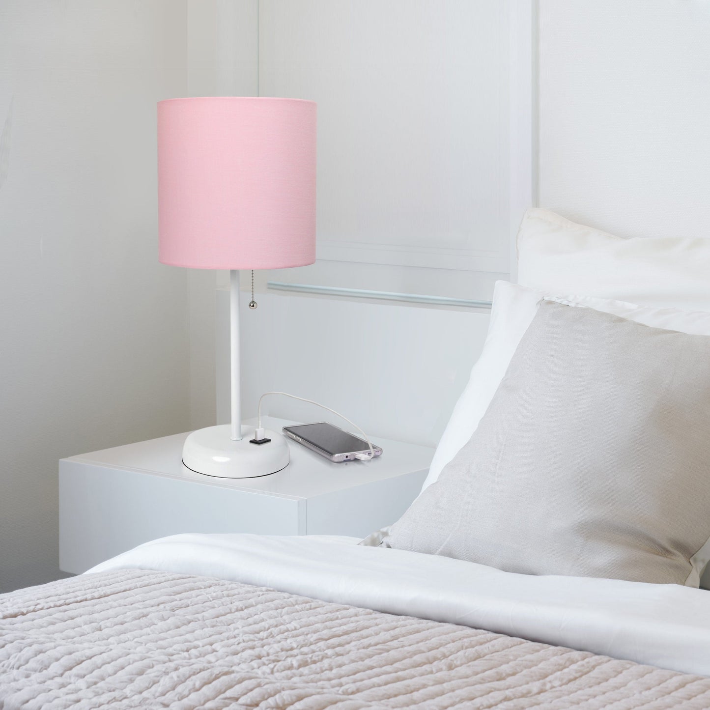 All The Rages LimeLights White Stick Lamp With Light Pink Fabric Shade & USB Charging Port