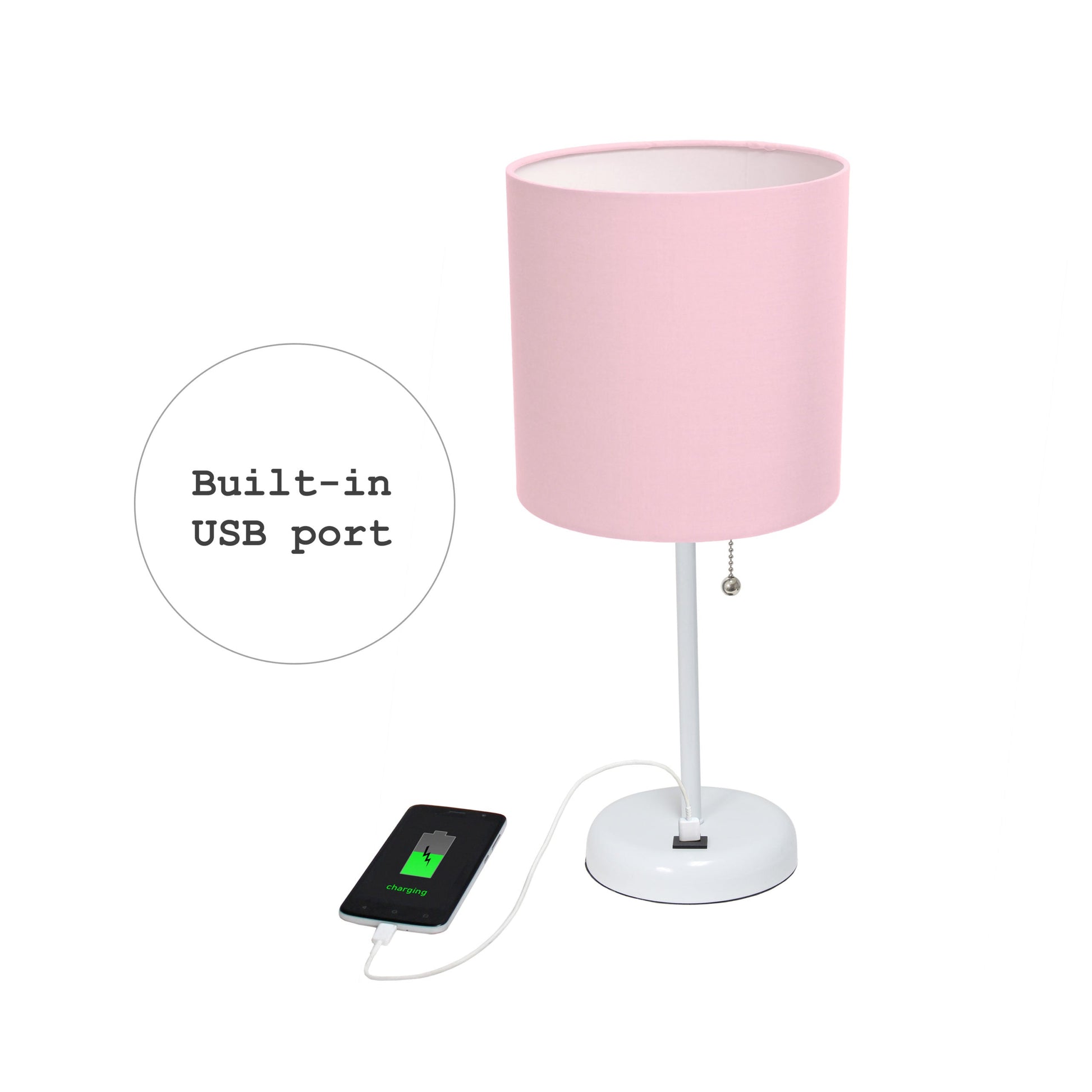 All The Rages LimeLights White Stick Lamp With Light Pink Fabric Shade & USB Charging Port