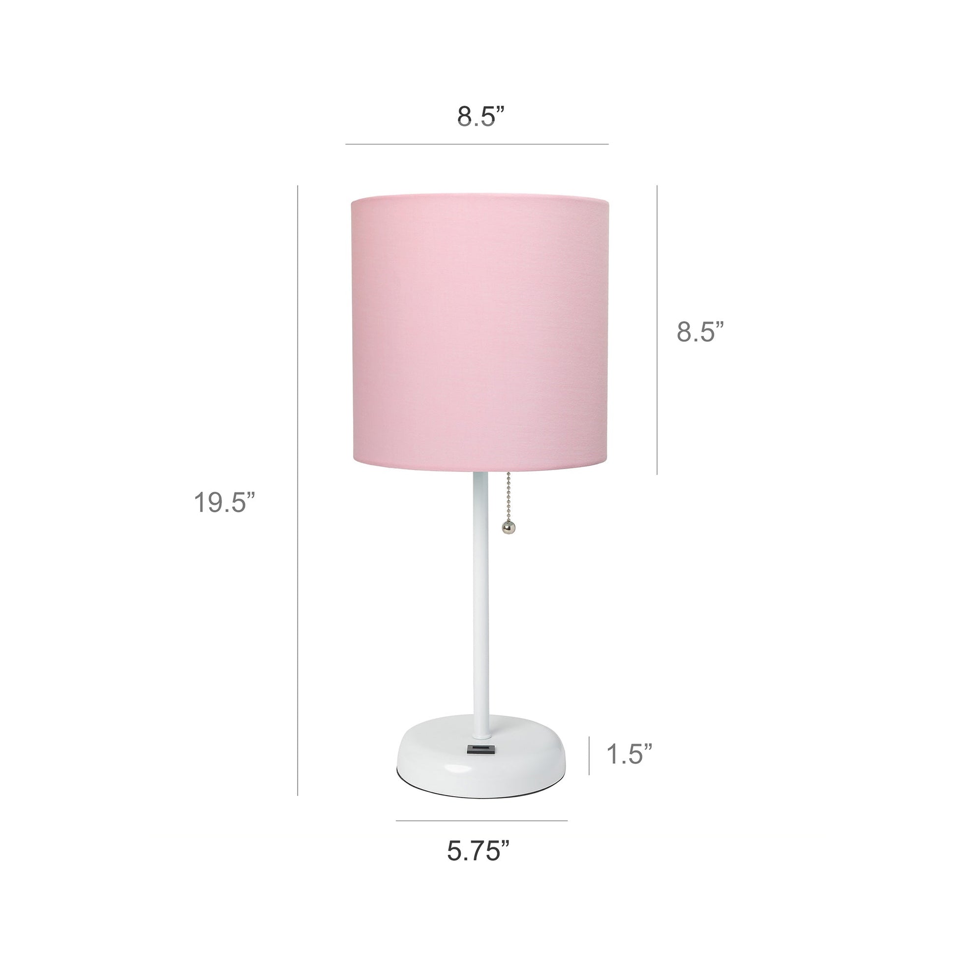 All The Rages LimeLights White Stick Lamp With Light Pink Fabric Shade & USB Charging Port
