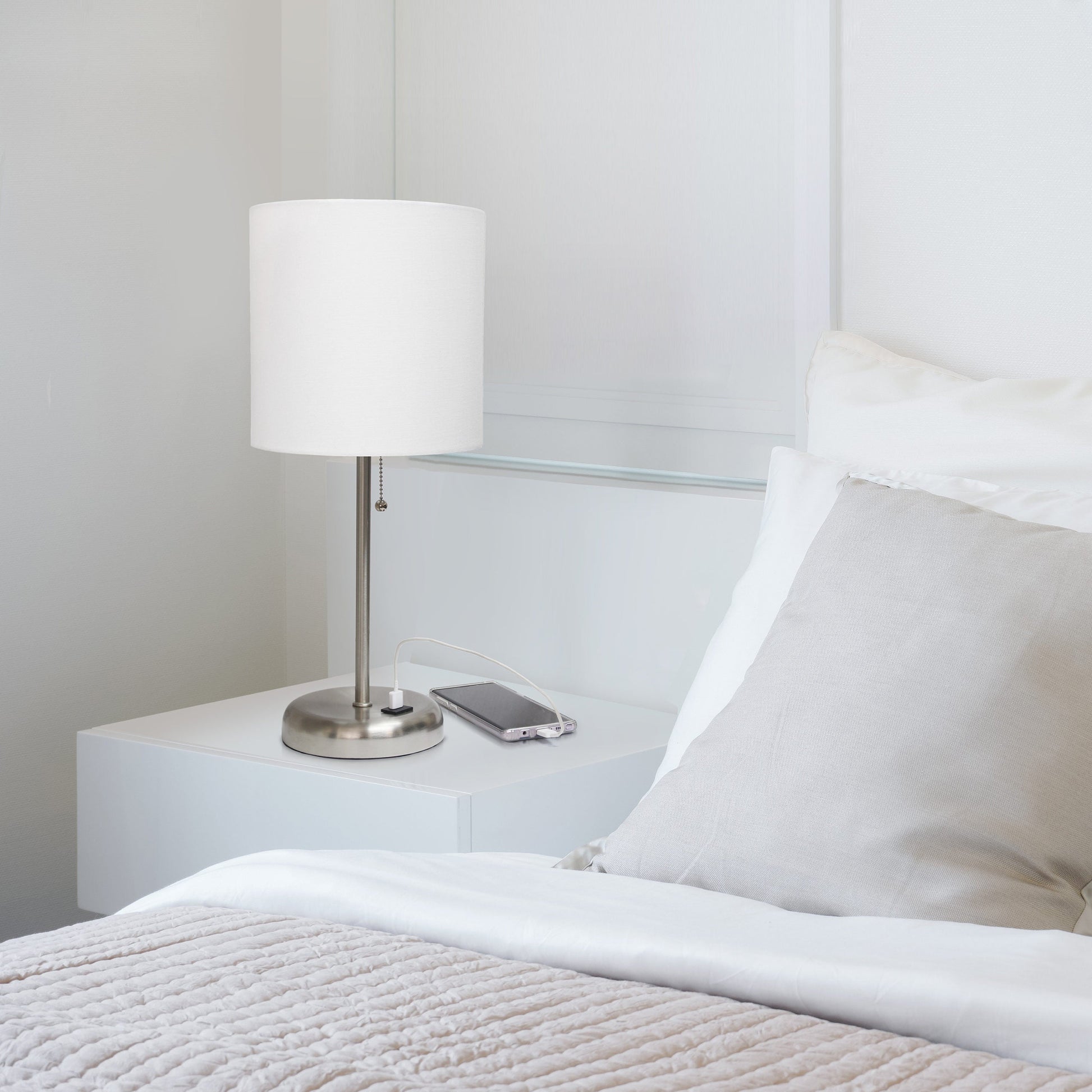 All The Rages LimeLights White Stick Lamp With White Fabric Shade & USB Charging Port