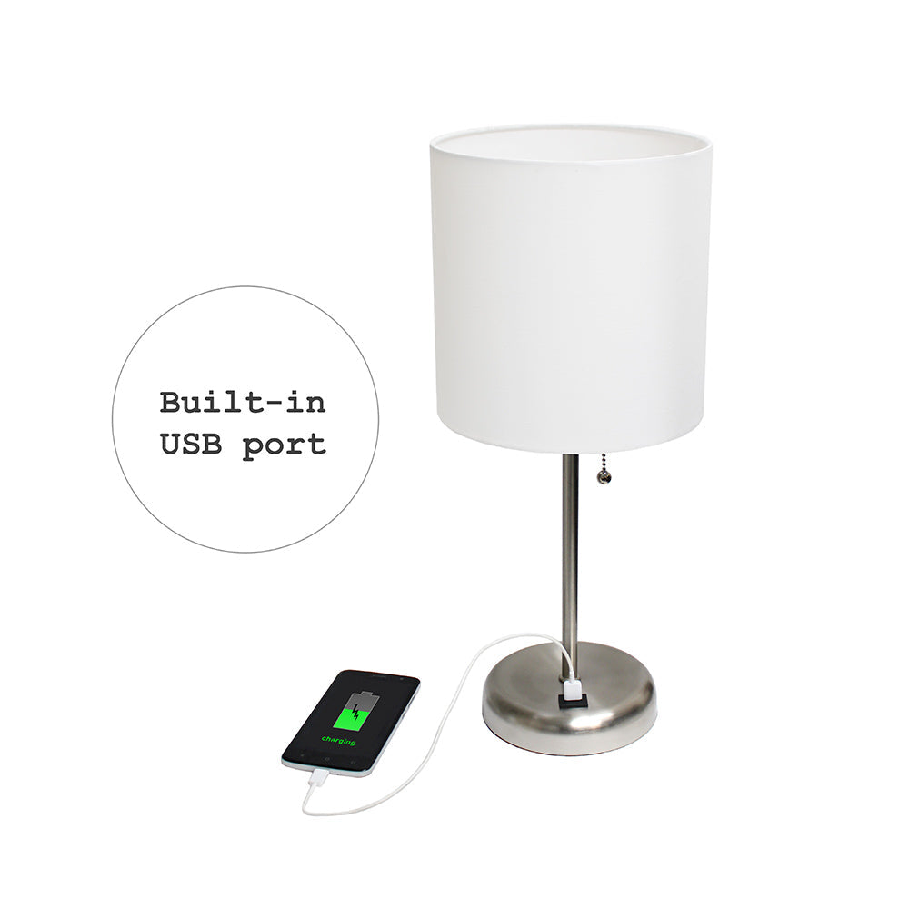 All The Rages LimeLights White Stick Lamp With White Fabric Shade & USB Charging Port