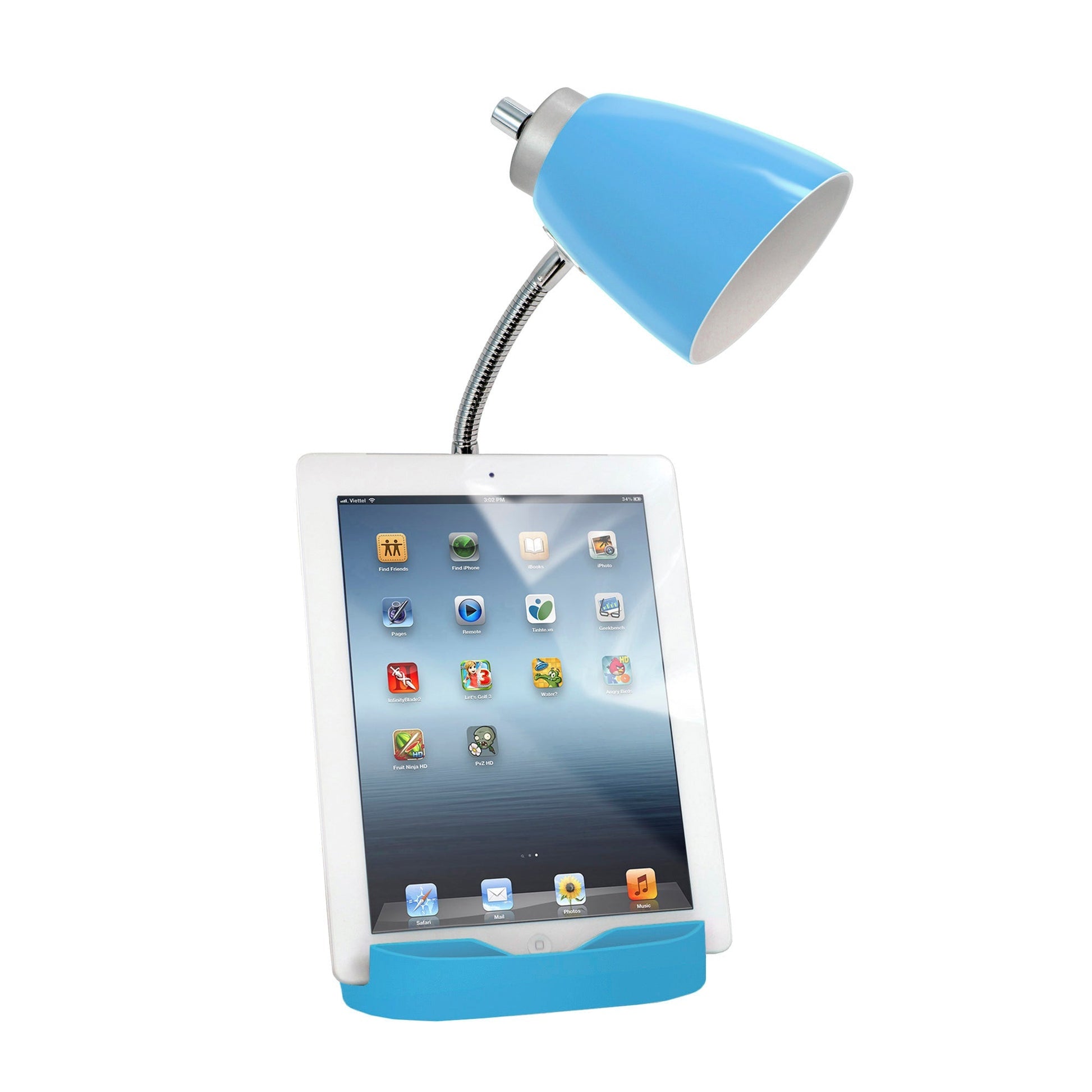 All The Rages Limelights Blue Gooseneck Organizer Desk Lamp With iPad Tablet Stand Book Holder & Charging Outlet