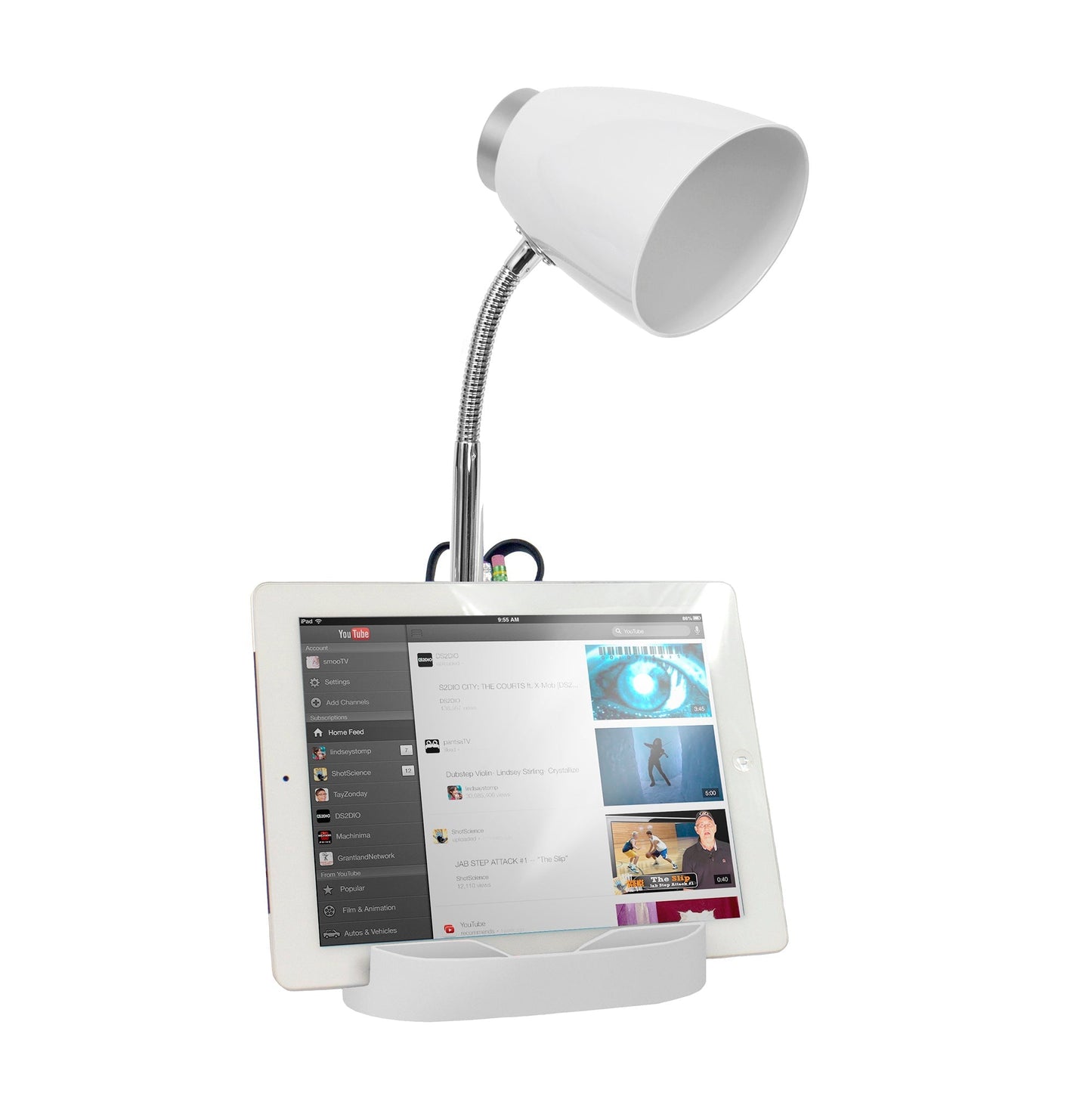 All The Rages Limelights White Gooseneck Organizer Desk Lamp With iPad Tablet Stand Book Holder