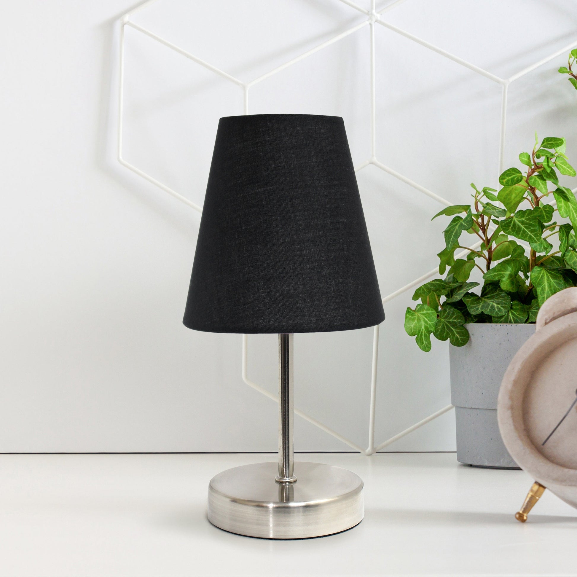 All The Rages Nauru 11" Sand Nickel Bedside Table Lamp With Black Fabric Empire Shade